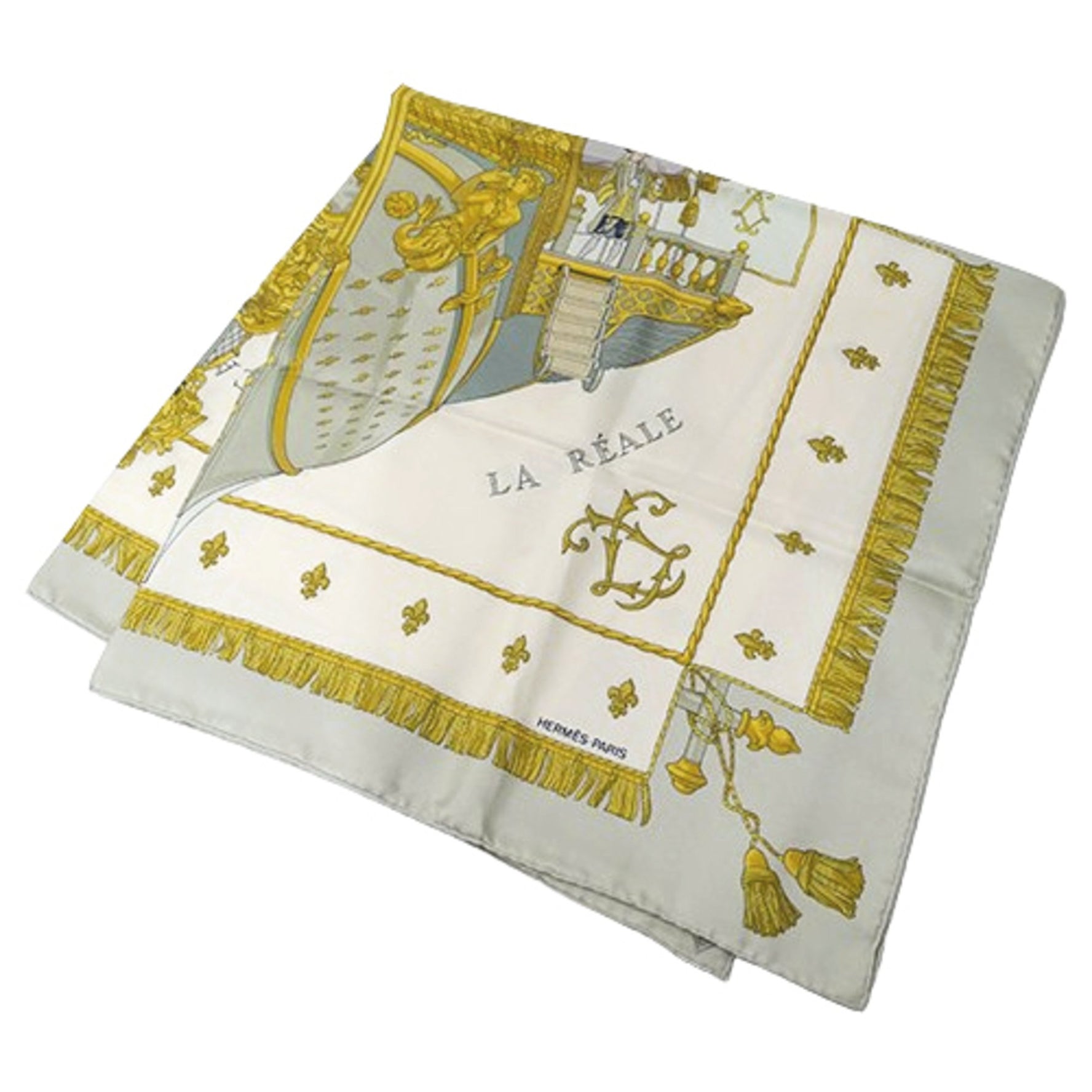 Hermes Hermès scarf/muffler brand name Carré 90 VUE DU CARROSSE DE LA GALERE REALE, Queen's Coronation, silk, pale green, large.