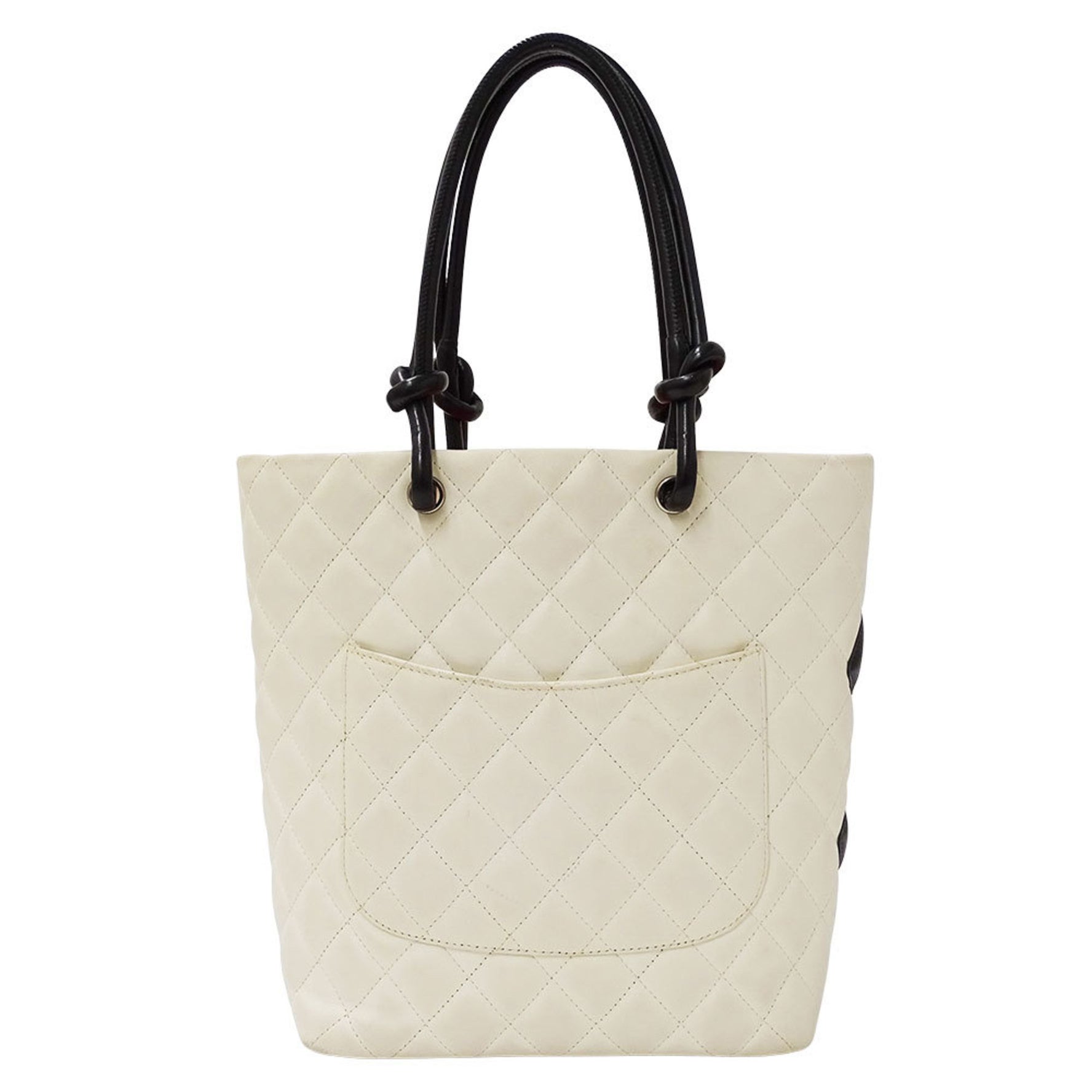 CHANEL Cambon Tote PM Leather Bag in White and Black with Silver Hardware Quilted Logo
