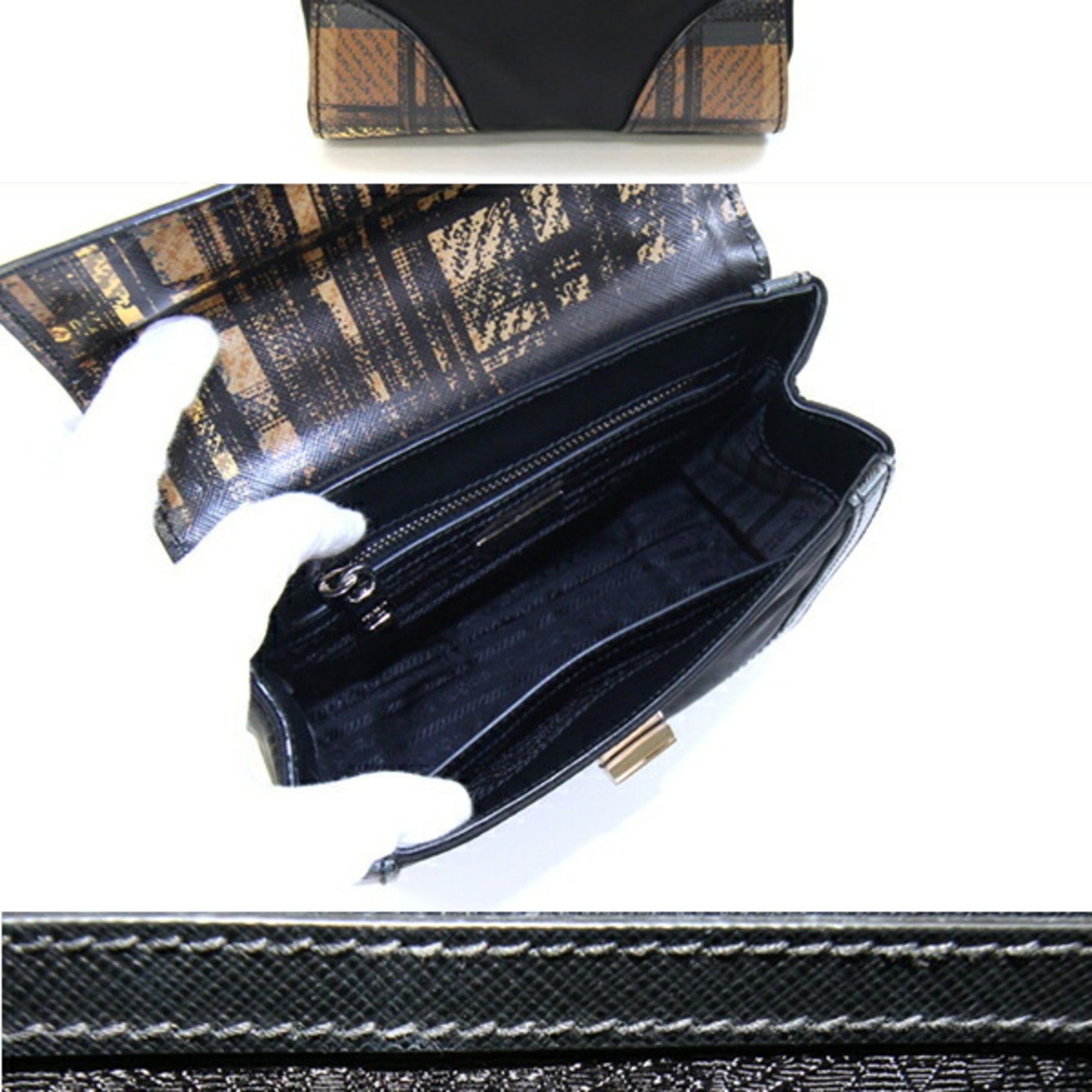 Prada Handbag 1BA014 Black Brown Nylon Leather Shoulder Bag Check Women's PRADA