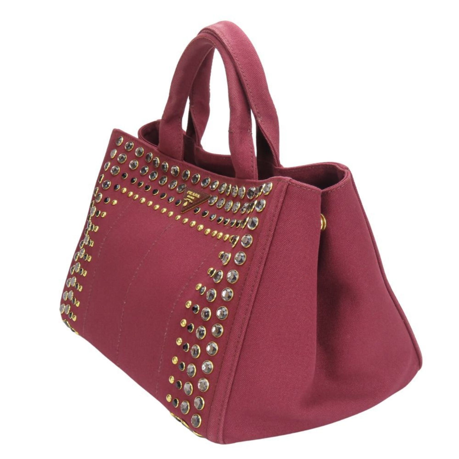 Prada Tote Bag Canapa Studded Canvas Amaranth Red Shoulder Beads