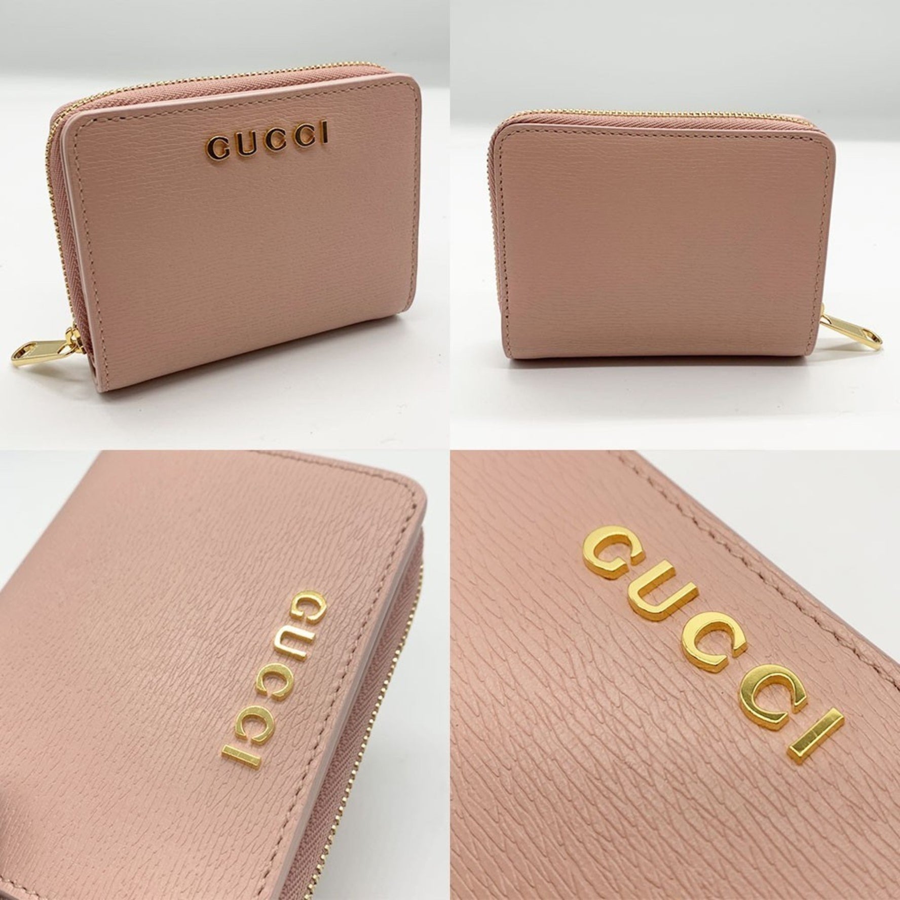 Gucci Script Mini Wallet Bi-fold Light Pink Leather Gold Ladies