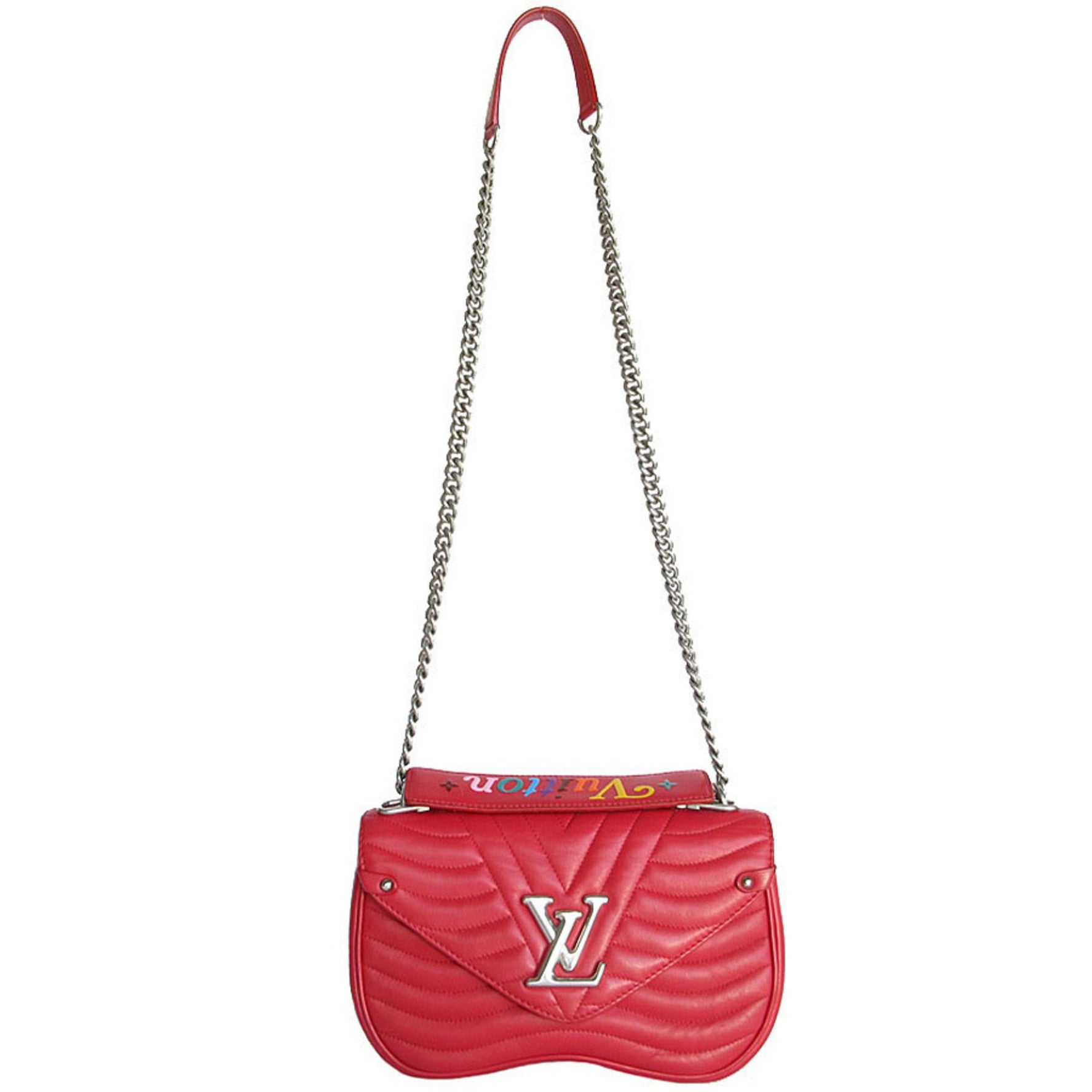Louis Vuitton Handbag Shoulder Bag New Wave Chain MM Leather Red Silver
