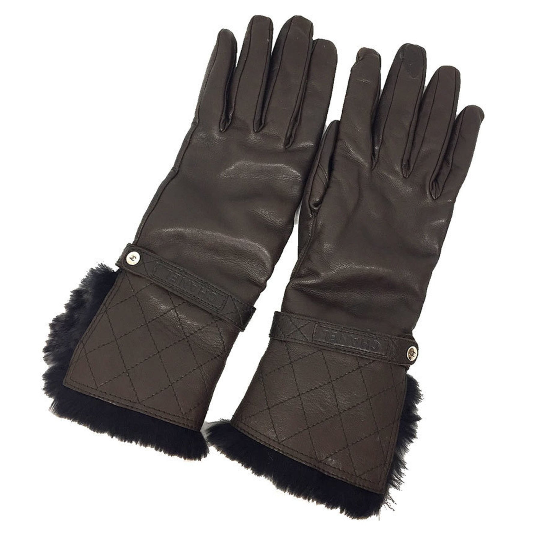 CHANEL Leather Gloves Matelasse Fur