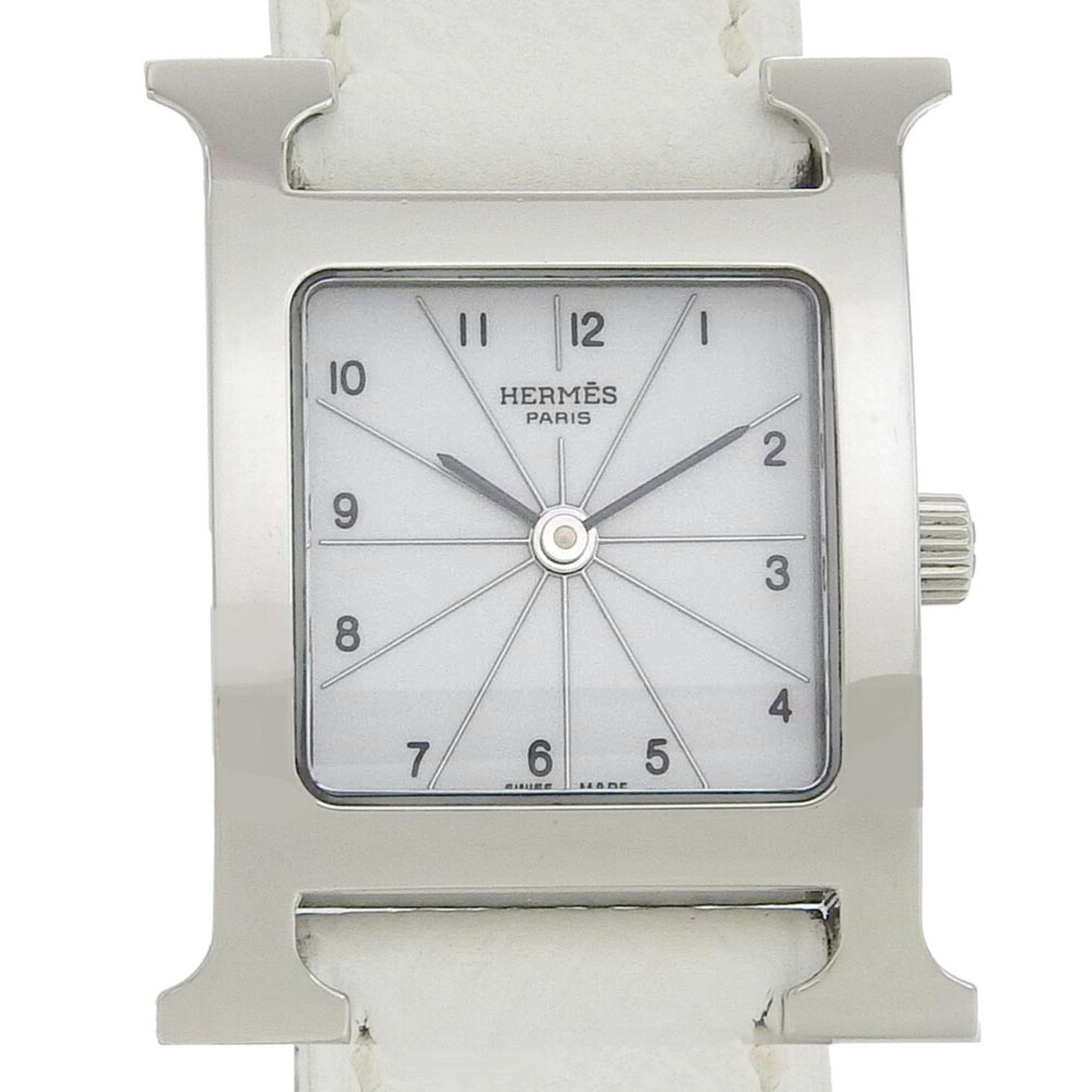 Hermes H Watch Wristwatch Stainless Steel x Leather 2005 Quartz Analog Display White Dial Ladies