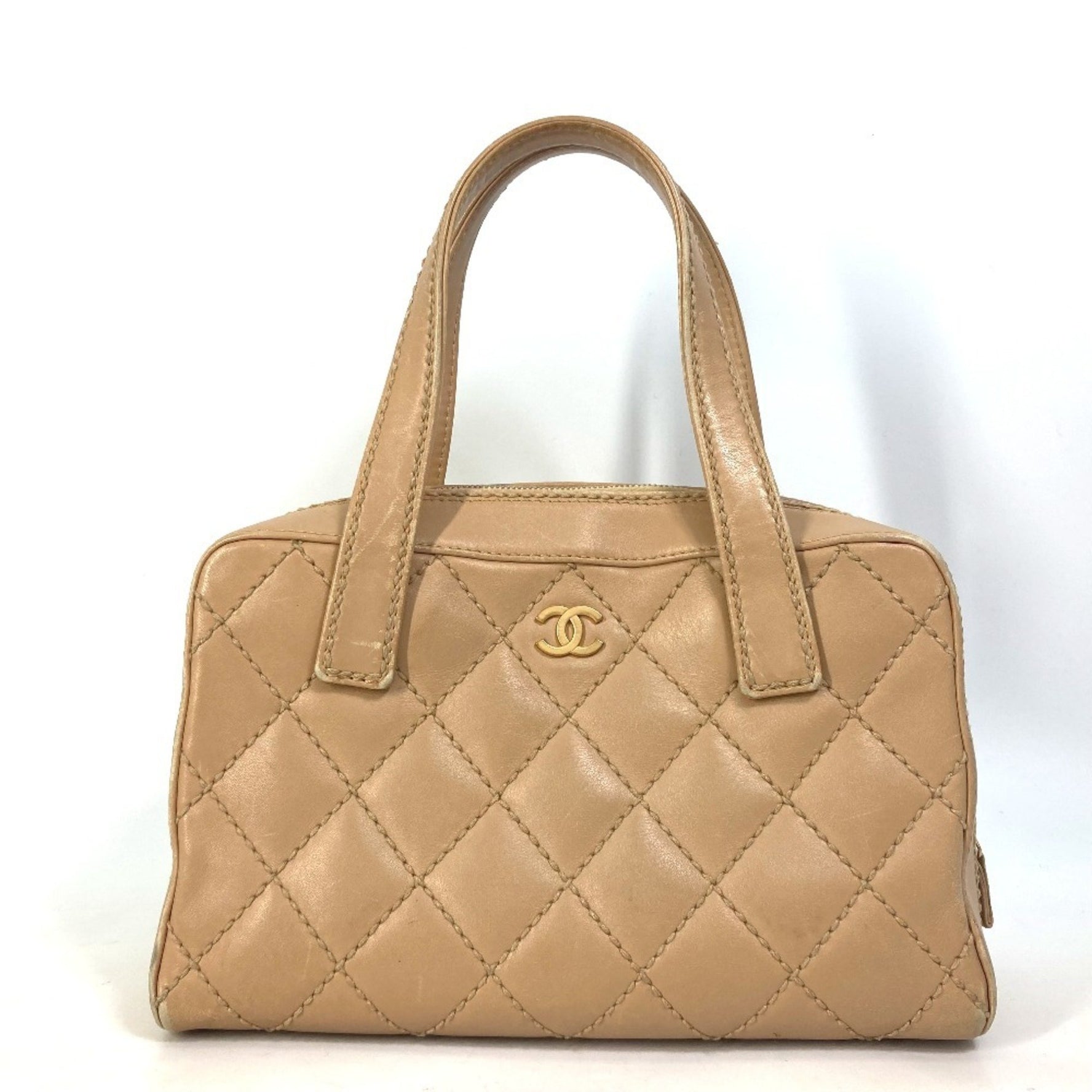 CHANEL CC Coco Mark Wild Stitch Vintage Boston Bag Shoulder Handbag Leather
