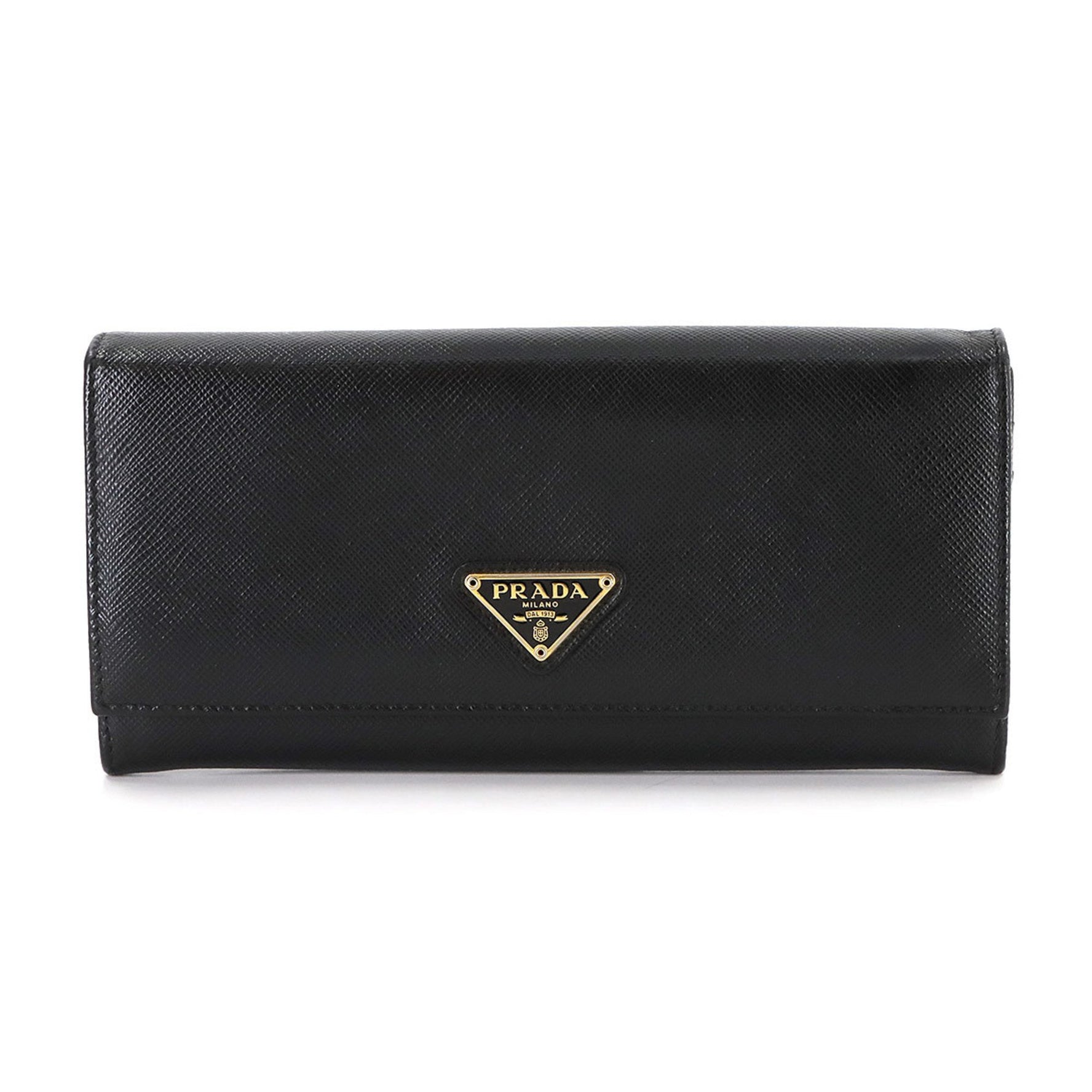 Prada Saffiano Bifold Long Wallet in Black Leather with Gold Triangle Hardware (1MH132)