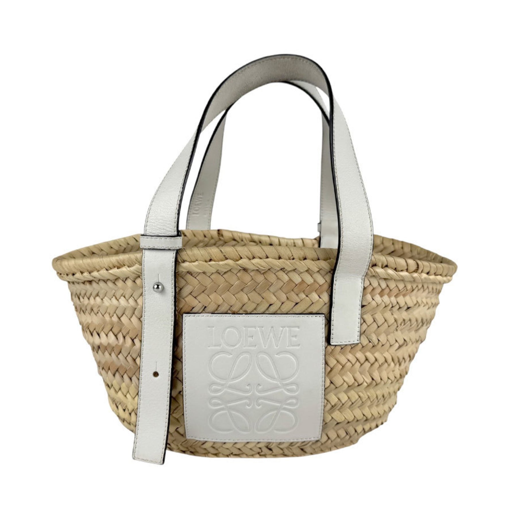 LOEWE Small Basket Handbag in Straw Leather (White/Natural)