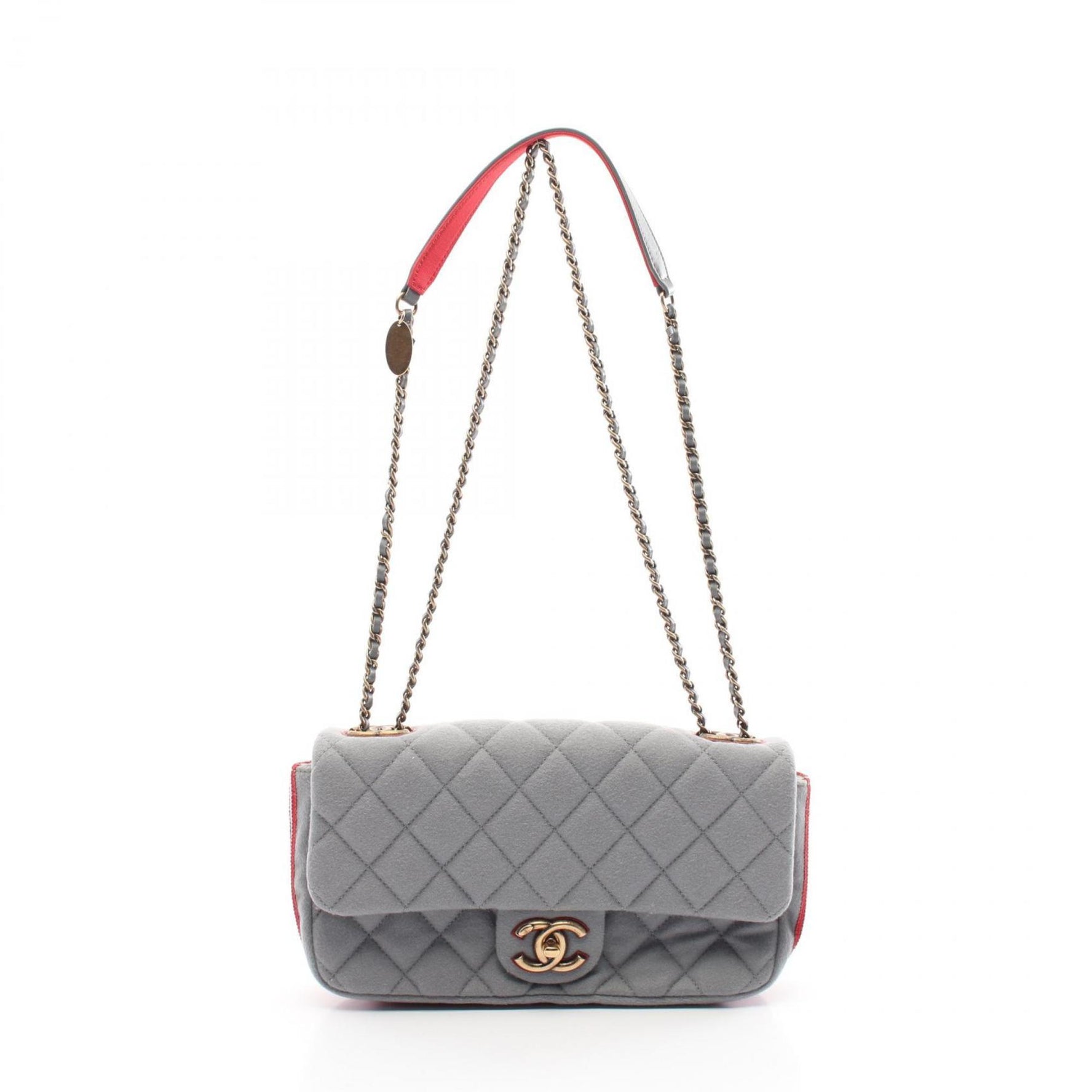CHANEL Matelasse Shoulder Bag Leather Canvas Felt Gray Red
