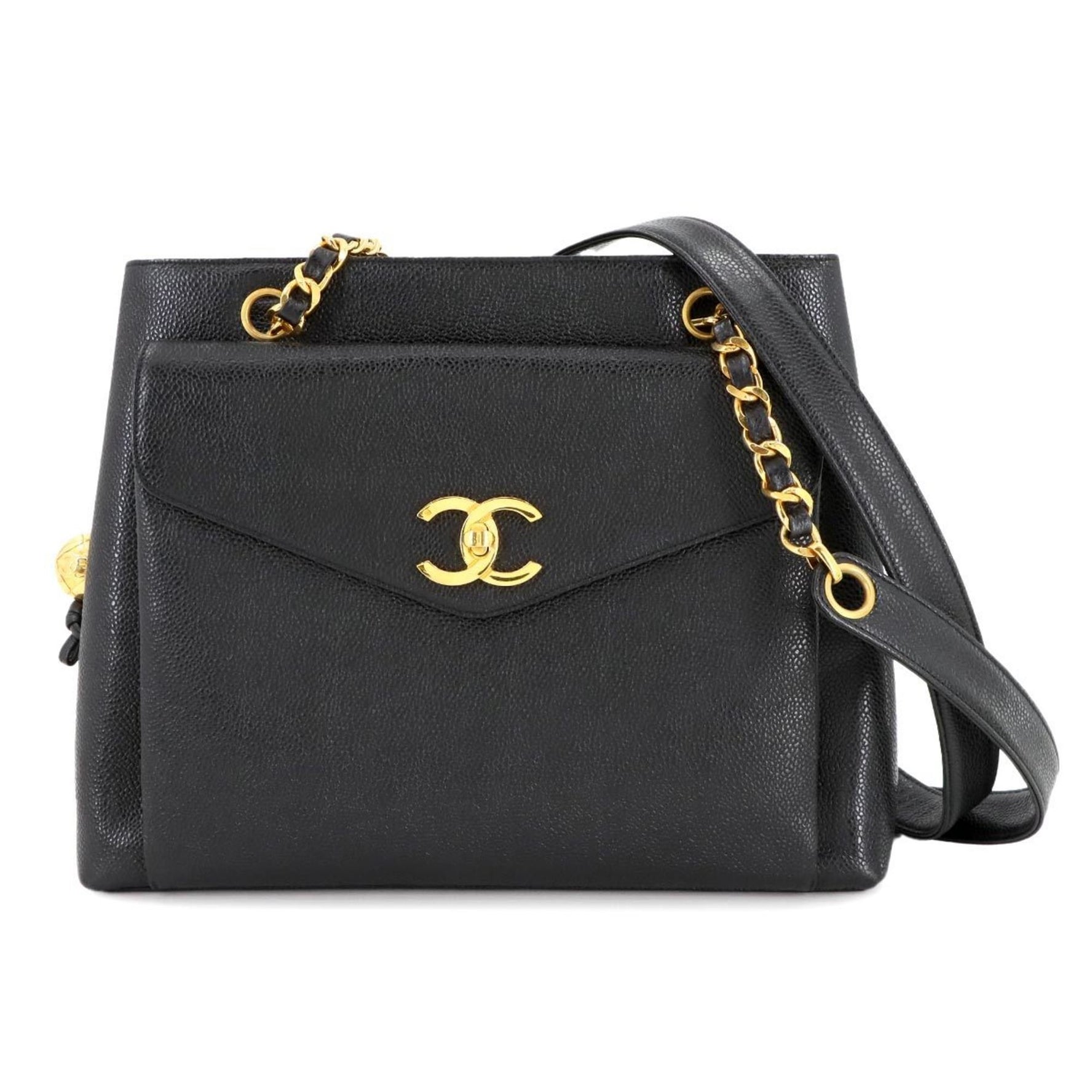 CHANEL Caviar Skin Chain Shoulder Bag Leather Coco Mark Gold Metal Fittings