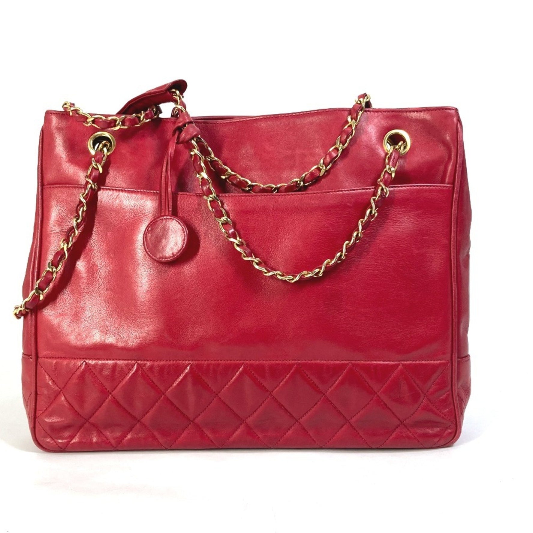 CHANEL Vintage Quilted Matelasse Double Chain Shoulder Bag in Leather, Red