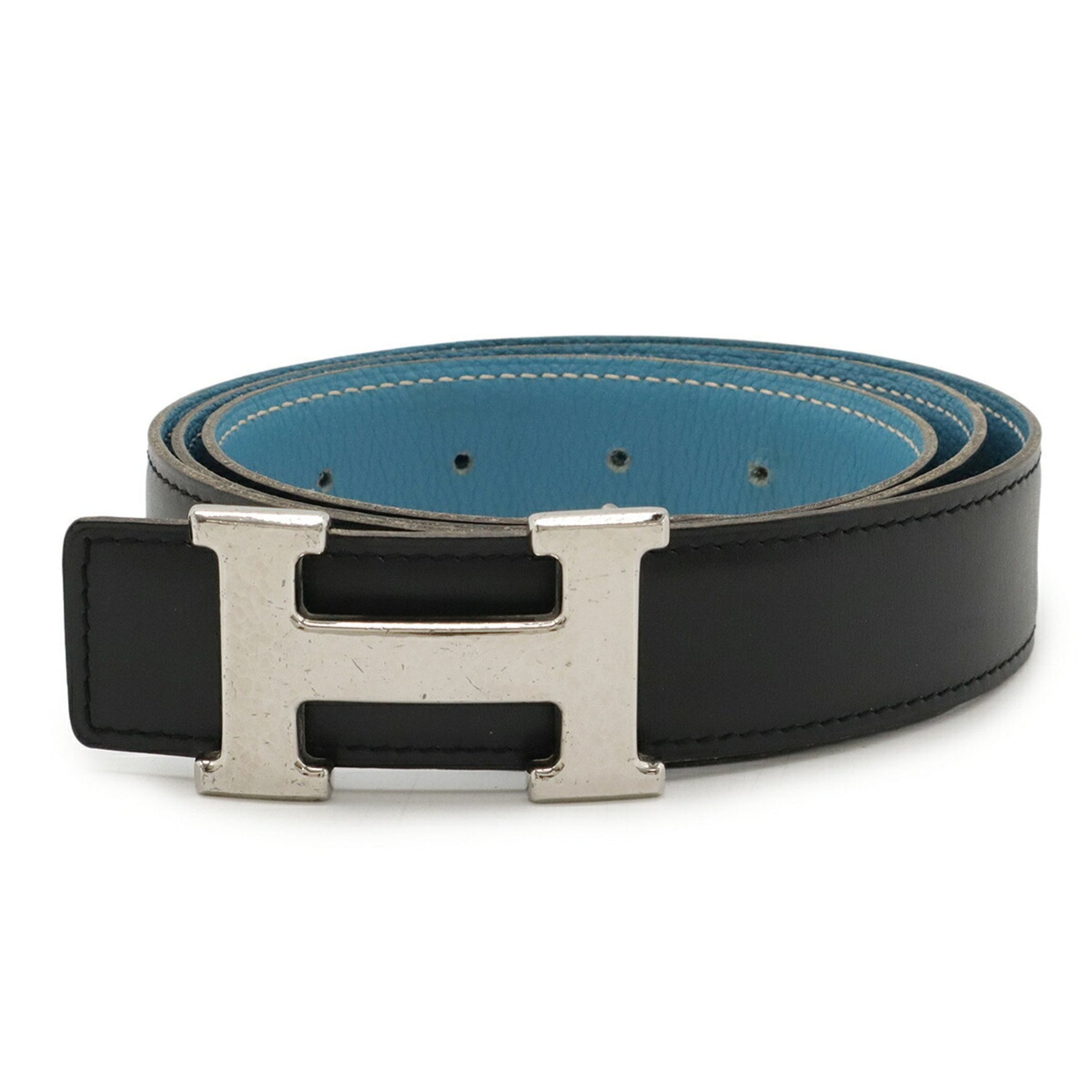 HERMES Maltre H Belt, Reversible Leather, Black, Blue Jean, #100, F Stamp