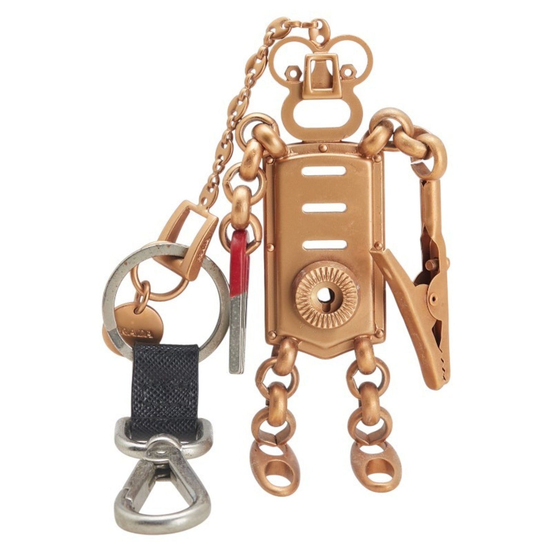 Prada Robot Charm Key Ring Keychain Bag Gold Red Silver Plated Saffiano Leather