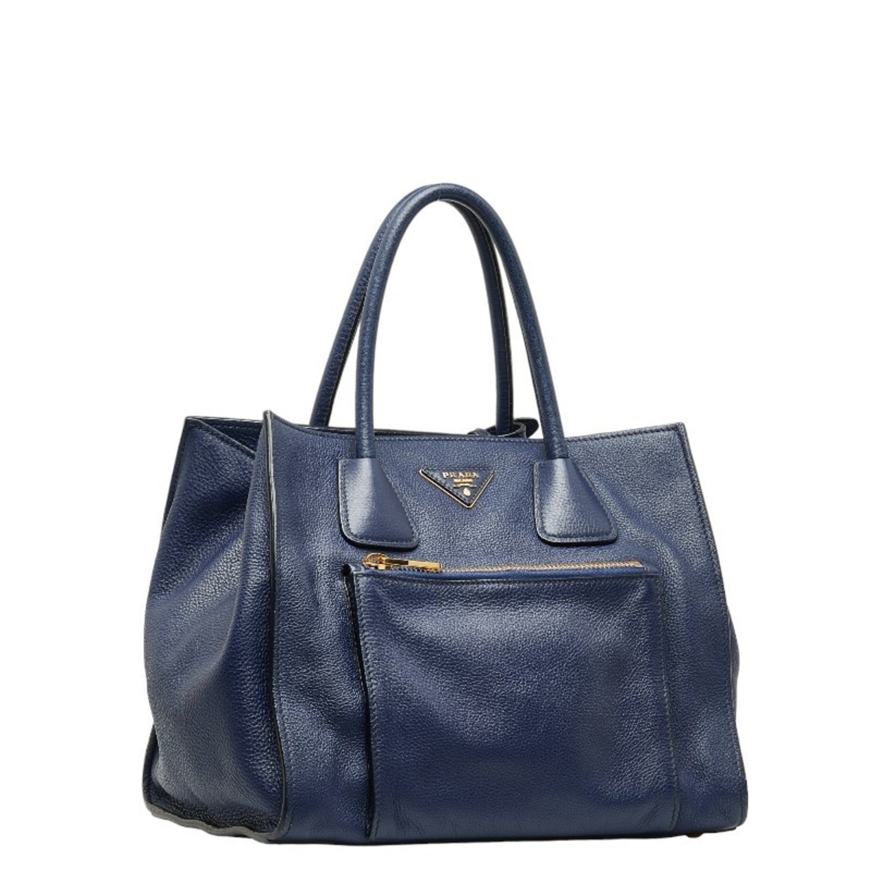 Prada Triangle Logo Plate Handbag Bluette Calf Leather