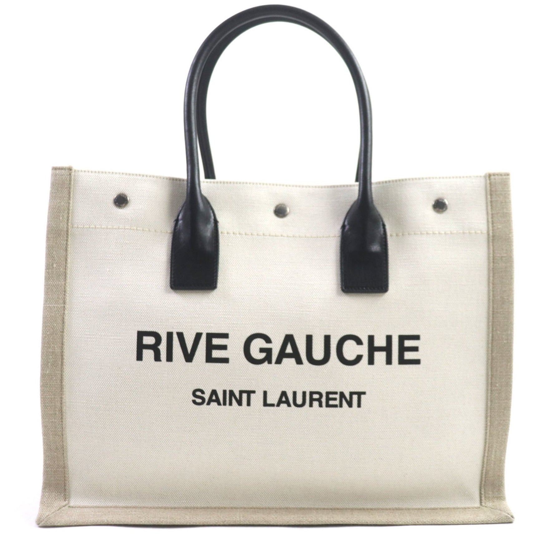 SAINT LAURENT Rive Gauche Logo Canvas and Leather Tote Bag in Beige Black with Dust Bag, Made Italy Women