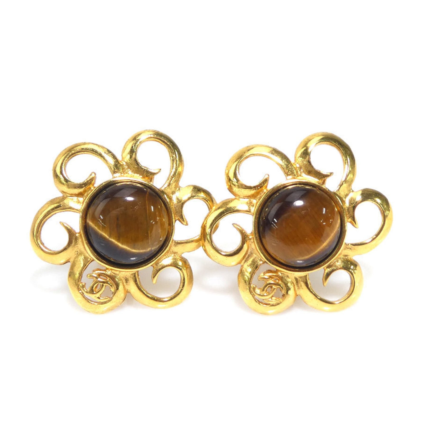 CHANEL Earrings Coco Mark Metal Glass Stone Gold Brown