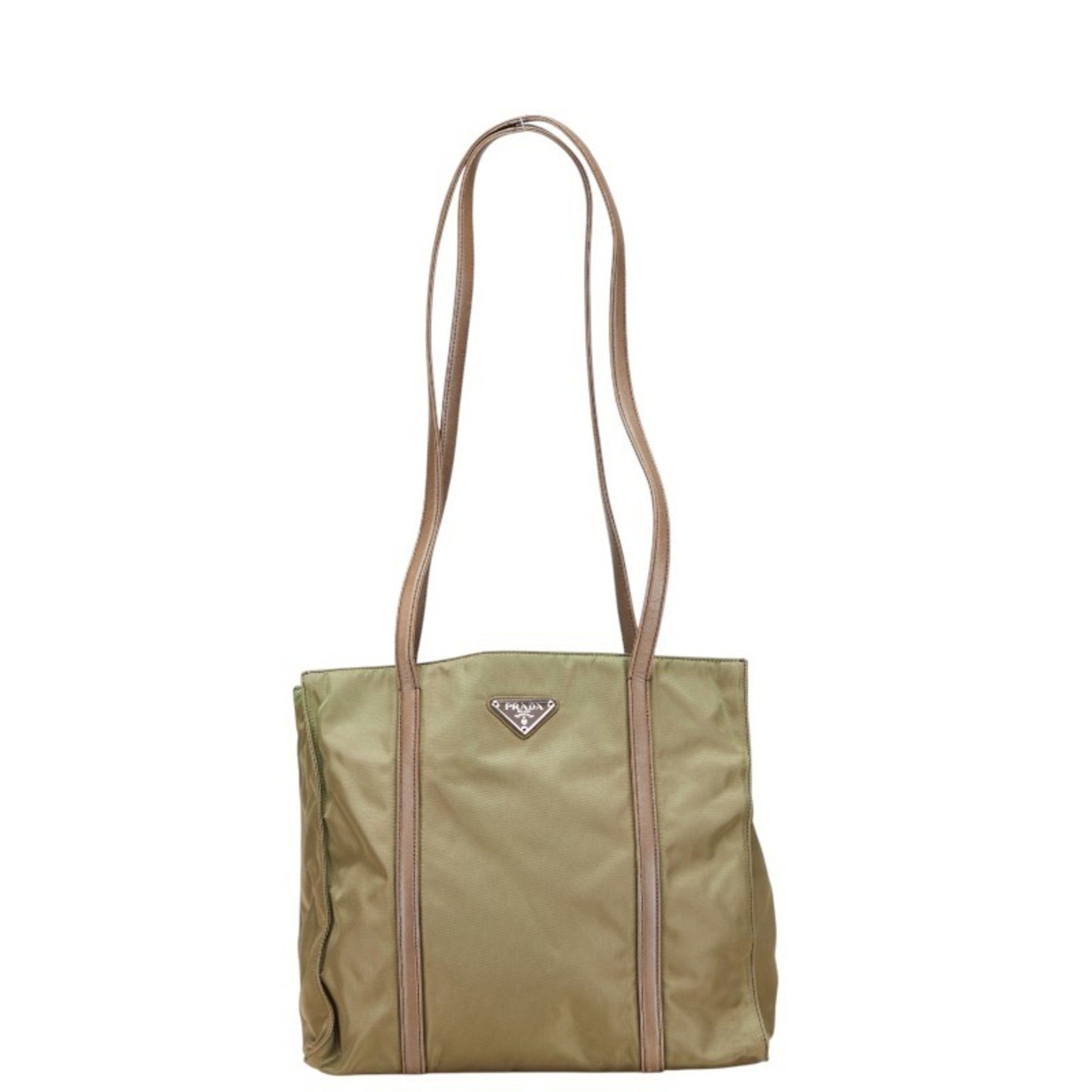 Prada Triangle Logo Plate One-Shoulder Bag Tote Khaki Brown Nylon Leather
