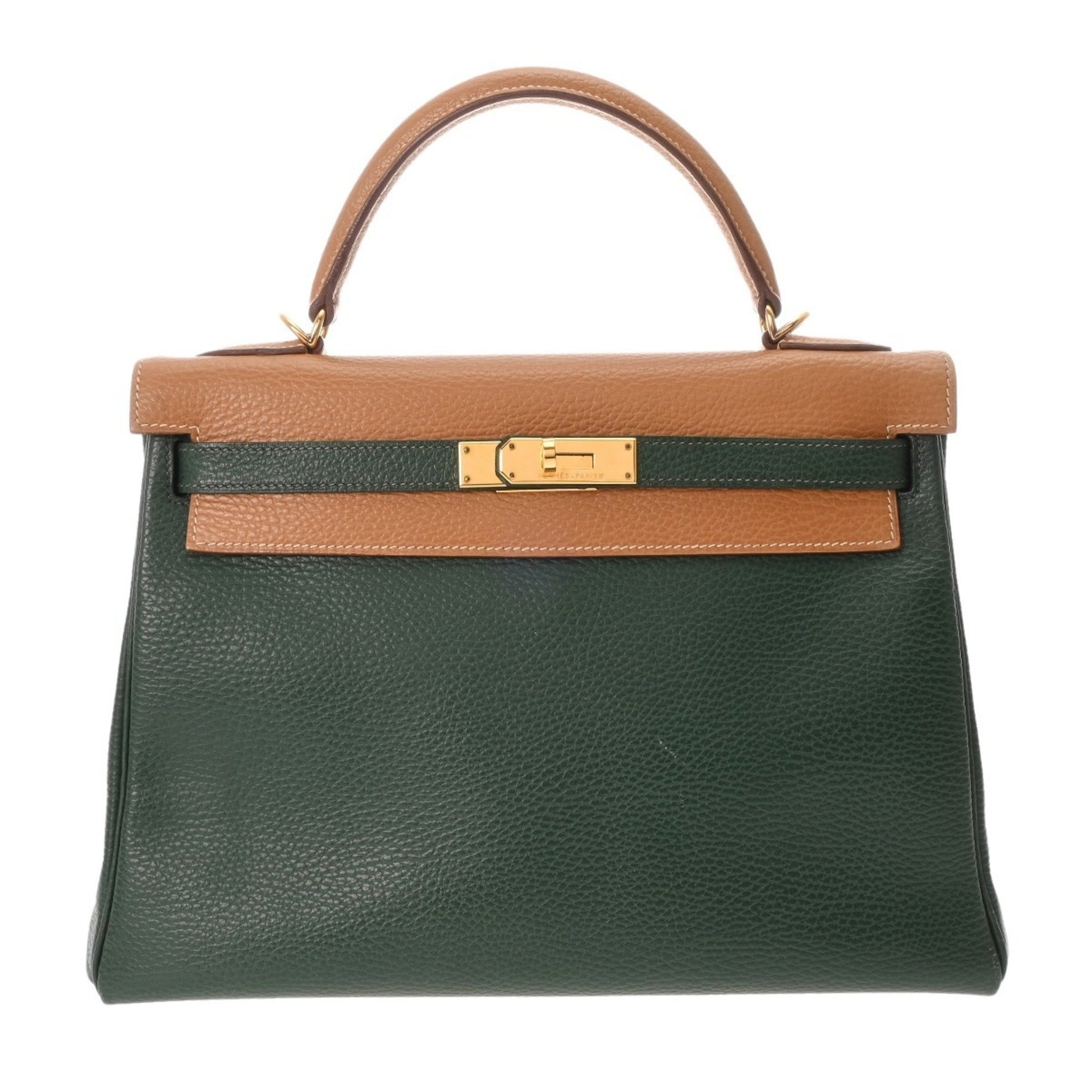 HERMES Kelly 32 Inner Stitching Bicolor Natural/Green F Stamp (around 2002) Ardennes Handbag