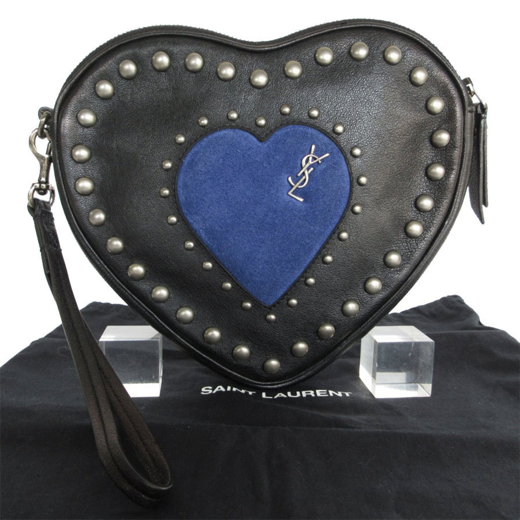 Saint Laurent Clutch bag Heart motif Leather Suede Black Blue