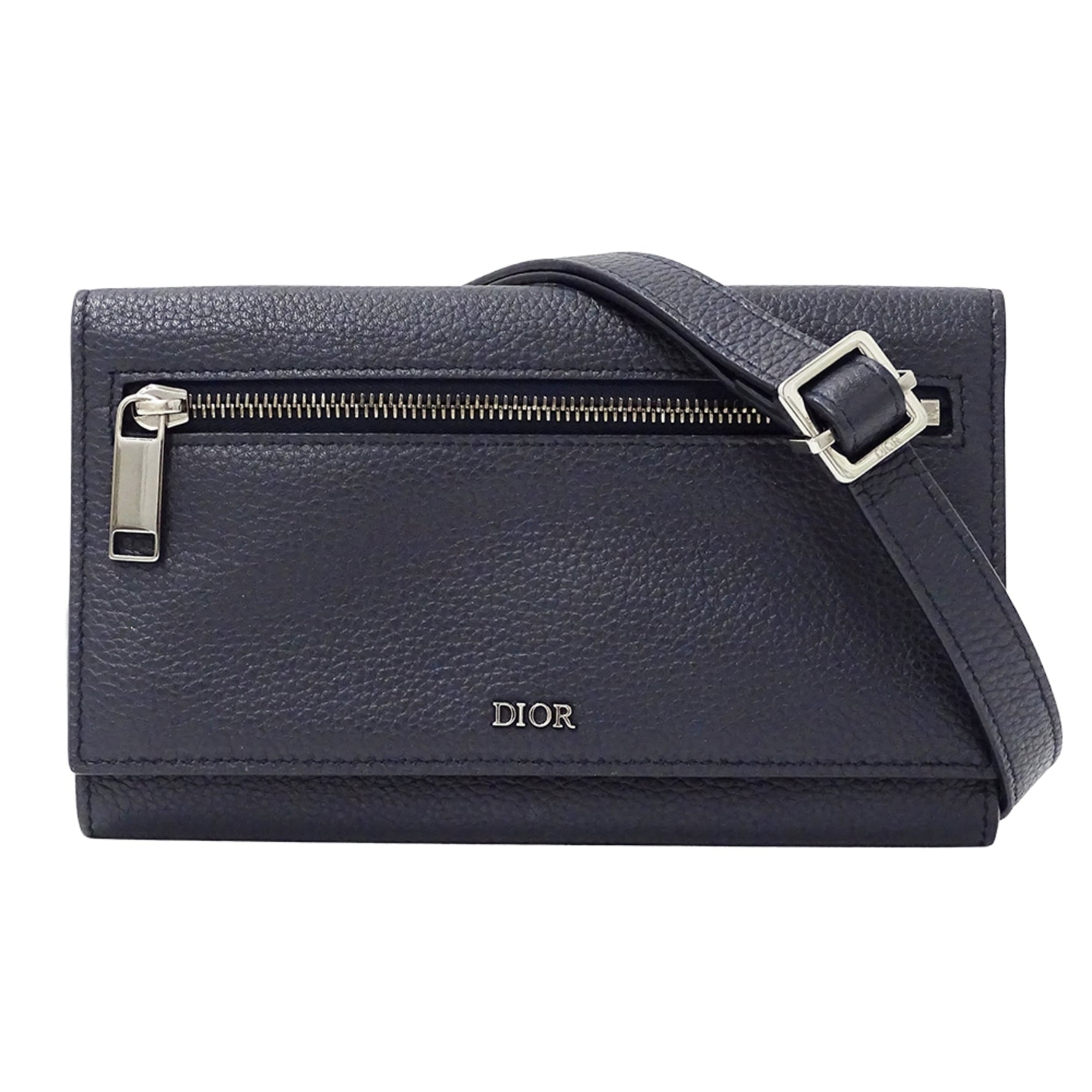Christian Dior Dior Leather Shoulder Wallet, Blue, Long Crossbody