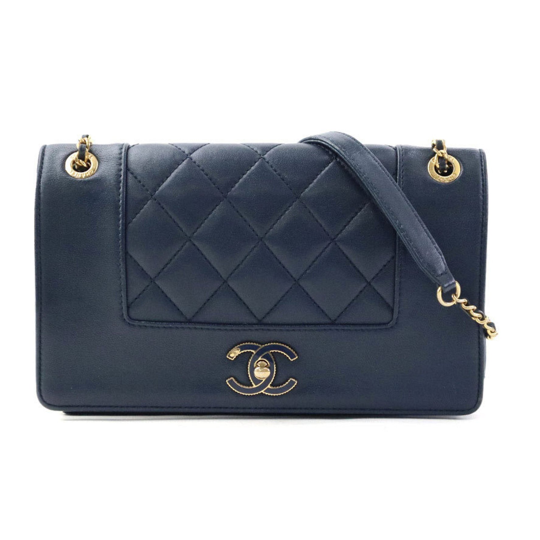CHANEL Shoulder Bag Leather Metal Navy Gold
