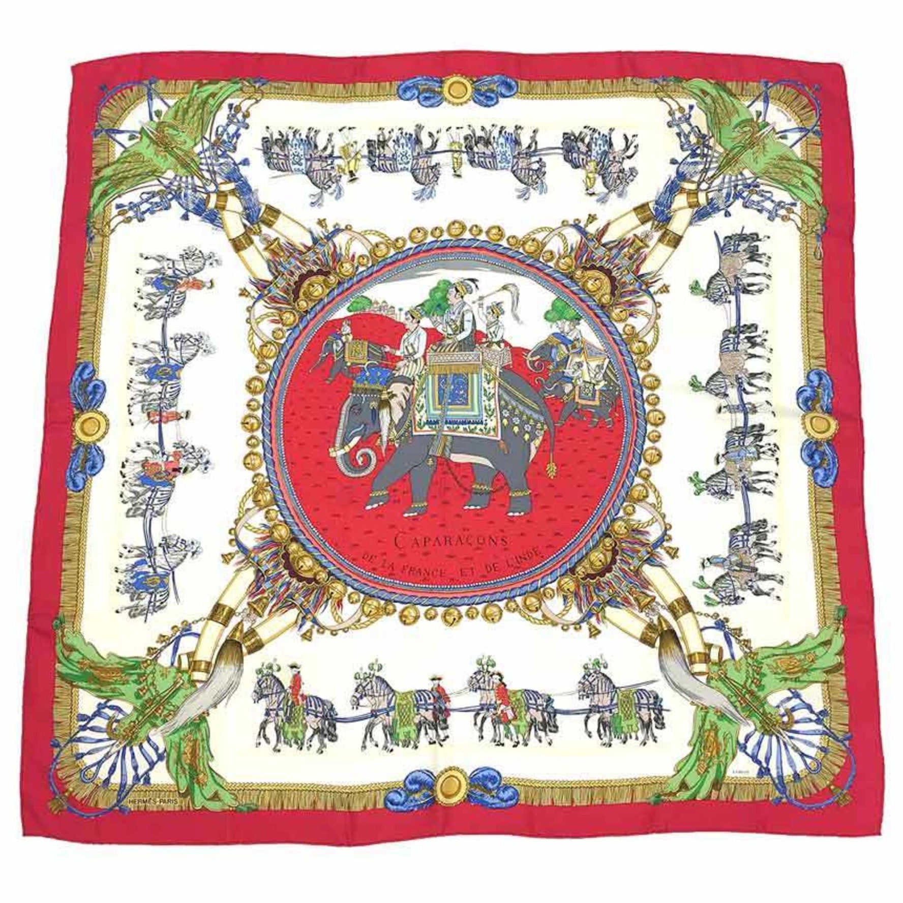 HERMES Carre 90 Scarf Muffler CAPARACONS DE LA FRANCE ET L'INDE Horse Ornament Elephant Ivory x Red 100% Silk