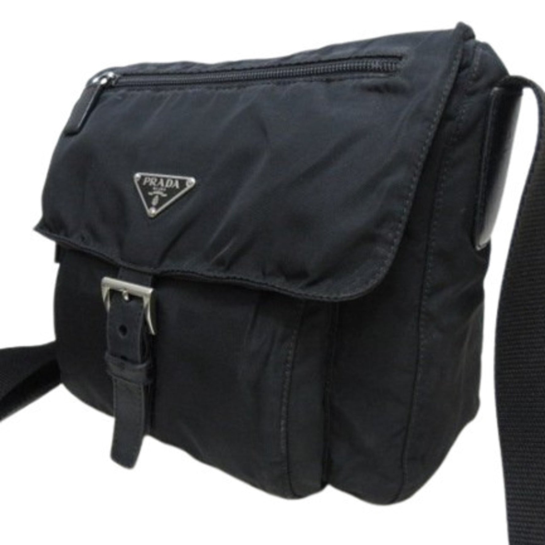 PRADA Triangle Shoulder Bag Black Nylon and Leather Men's/Women's Mark White Tag