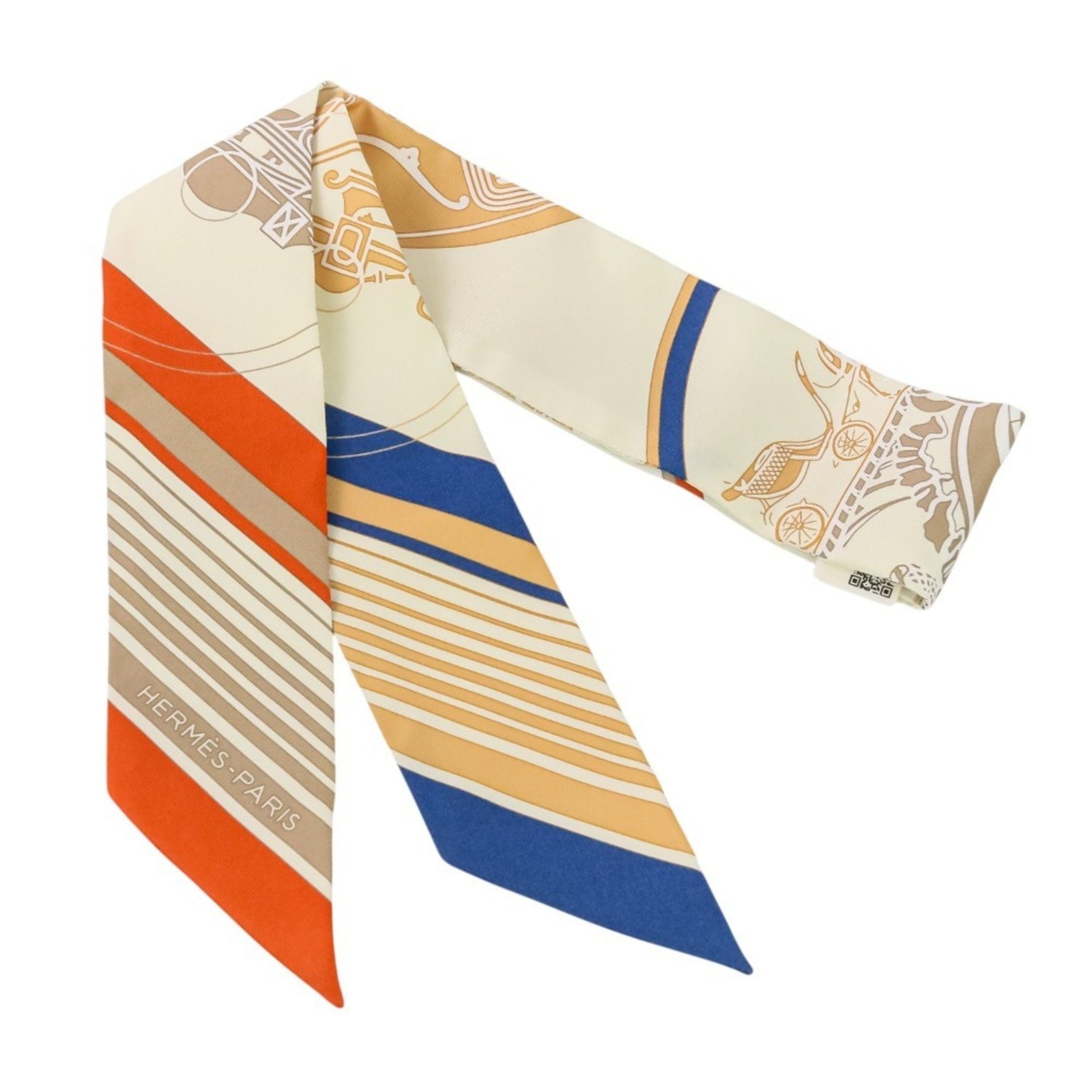 HERMES Twilly Ex-Libris Silk Scarf/Muffler in Cream, Beige, and Orange