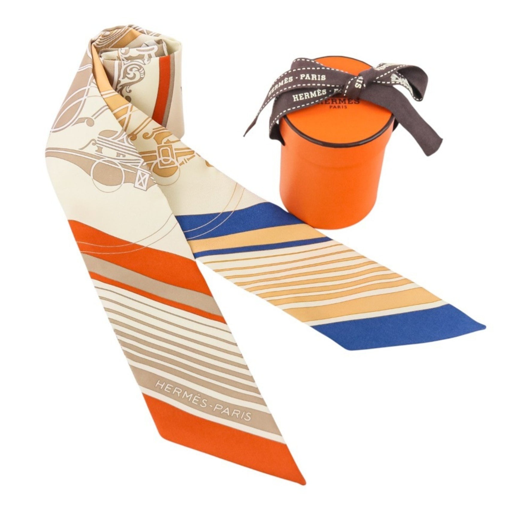 HERMES Ex-Libris Silk Twilly Scarf/Muffler in Cream, Orange, and Beige