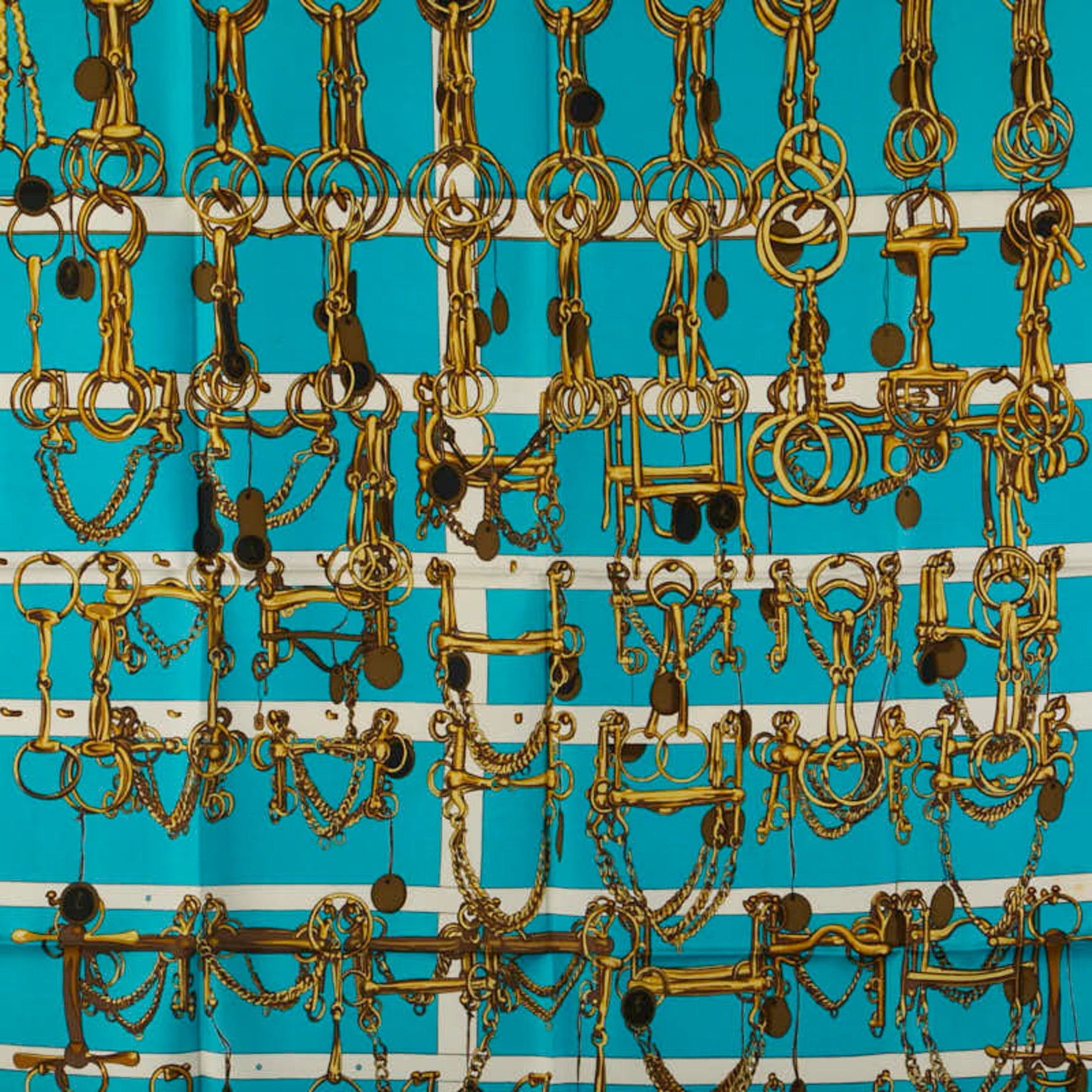 Hermes Carré 90 MORS&FILETS Saddlery and Bits Scarf Muffler Sky Blue Gold Multicolor Silk