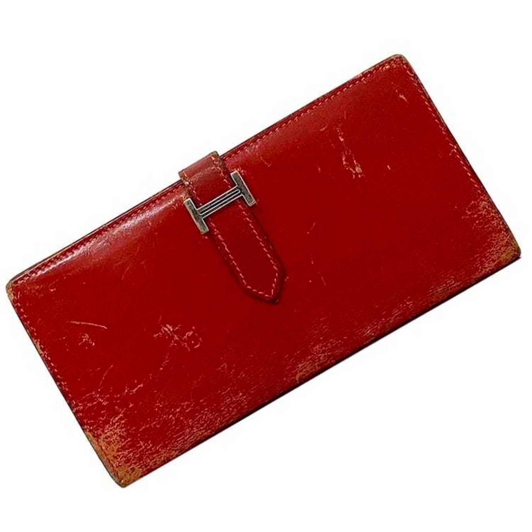 Hermes Bi-fold Long Wallet Bearn Red Leather Box Calf □H Stamp