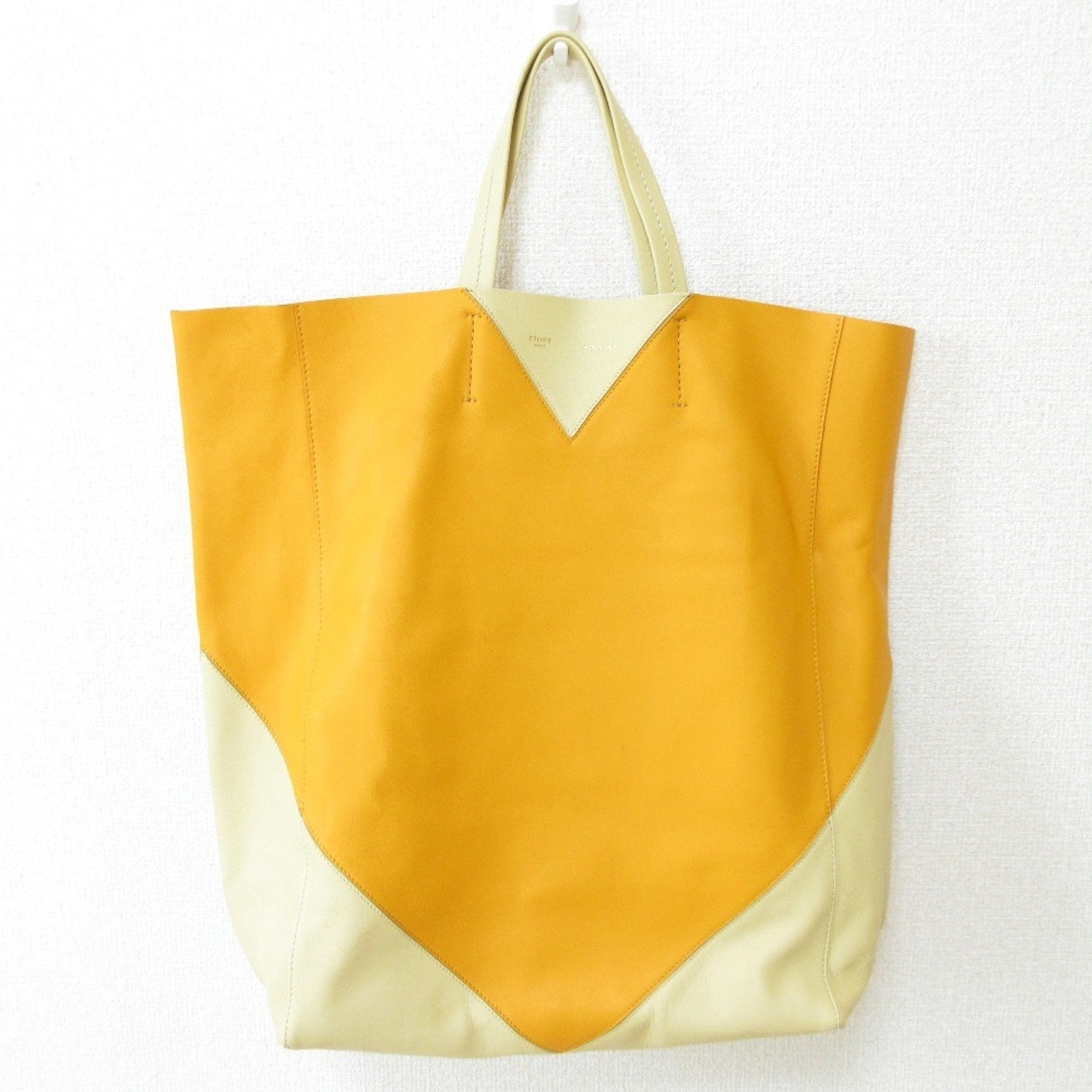 CELINE Vertical Cabas Leather Tote Bag, Yellow and Beige