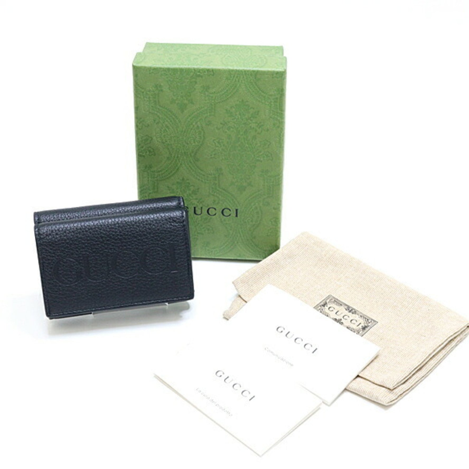 GUCCI Embossed Mini Wallet Tri-fold Black Leather Like New