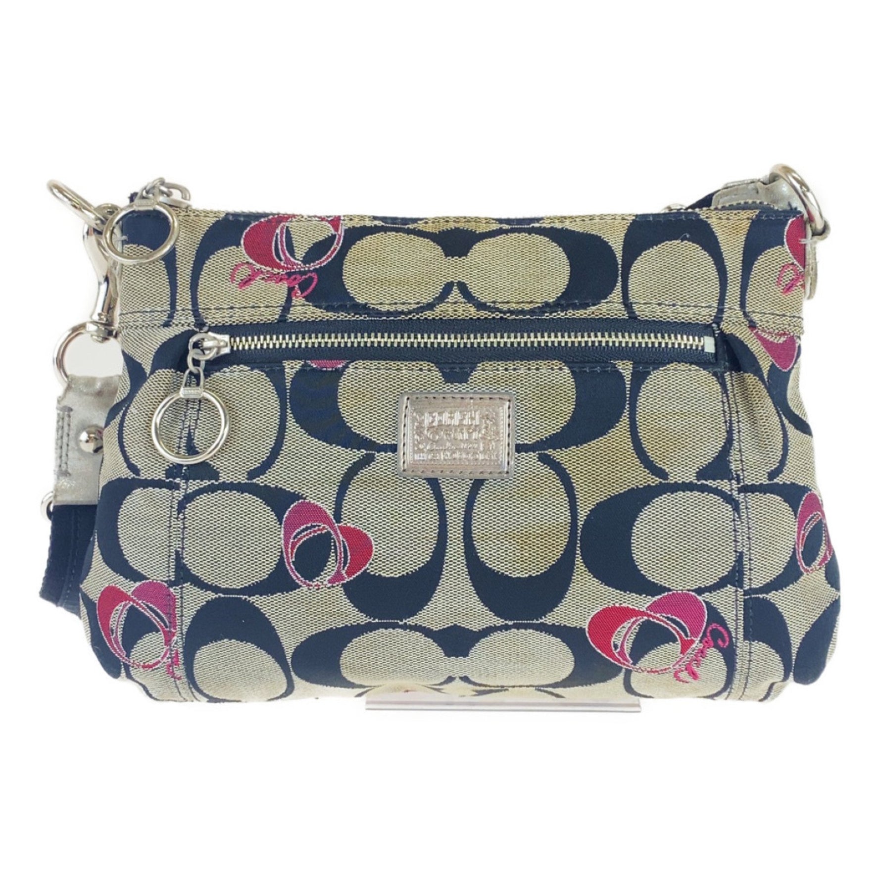 COACH Signature Black Pink Silver Hardware Canvas Shoulder Bag Pochette Crossbody