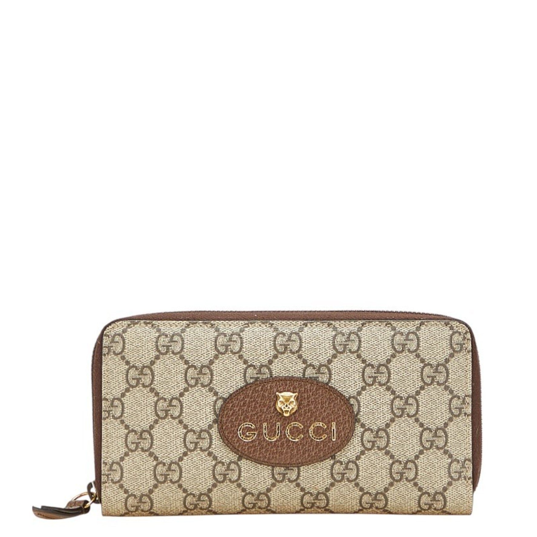 Gucci GG Supreme Neo Vintage Round Zip Long Wallet Beige Brown Leather