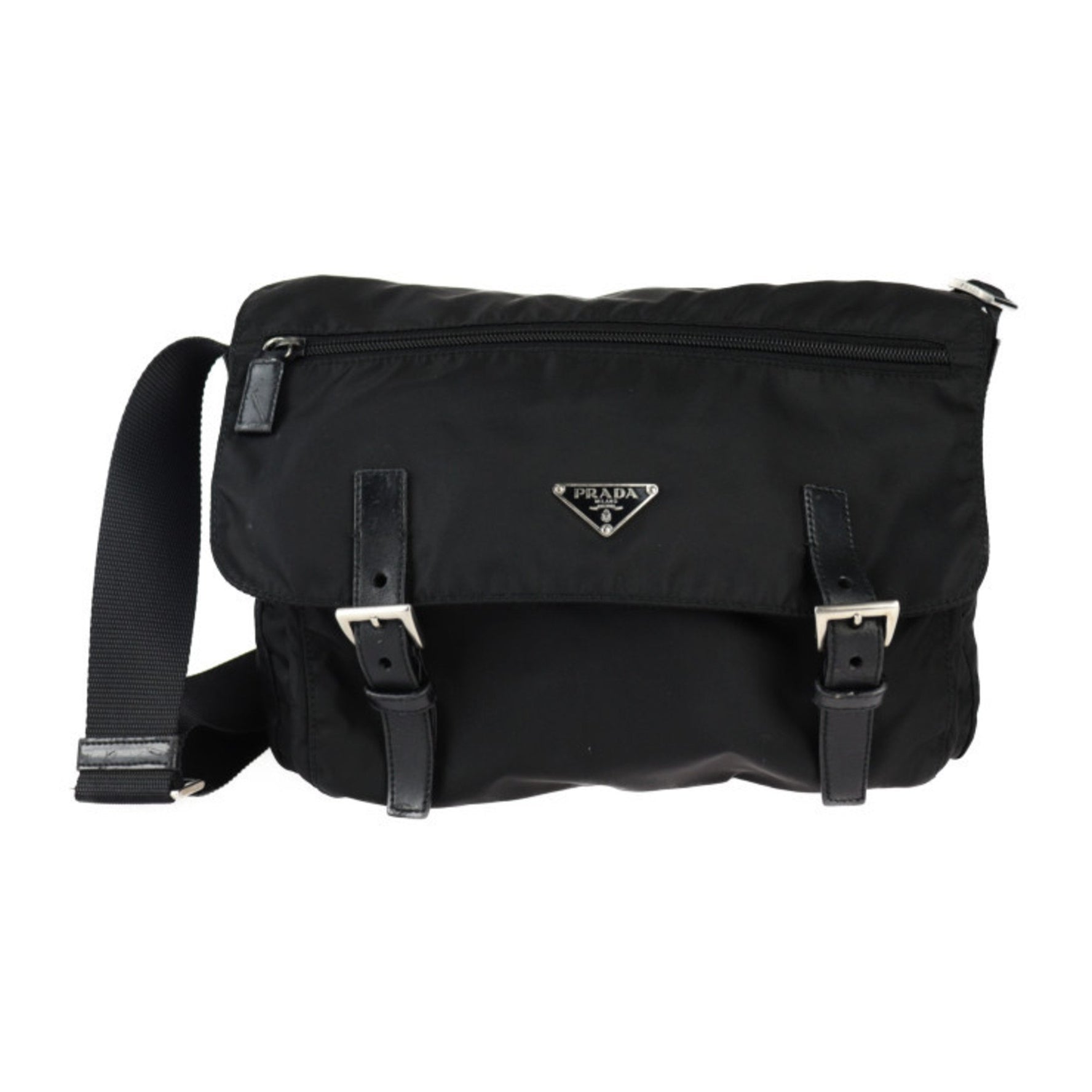 PRADA Bag Shoulder Nylon Leather Flap Crossbody Triangle Plate