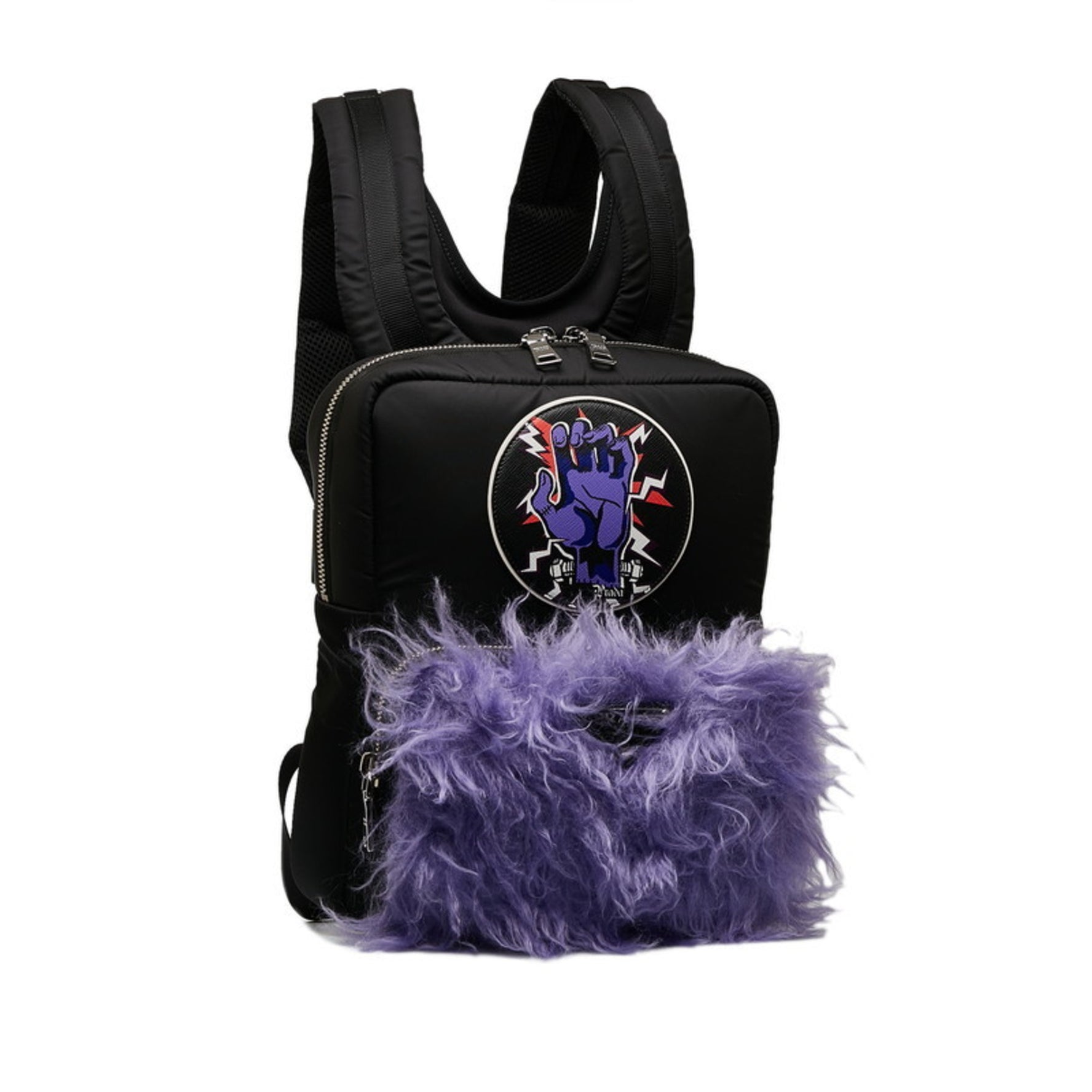 Prada Frankenstein Backpack Black Purple Nylon Fur