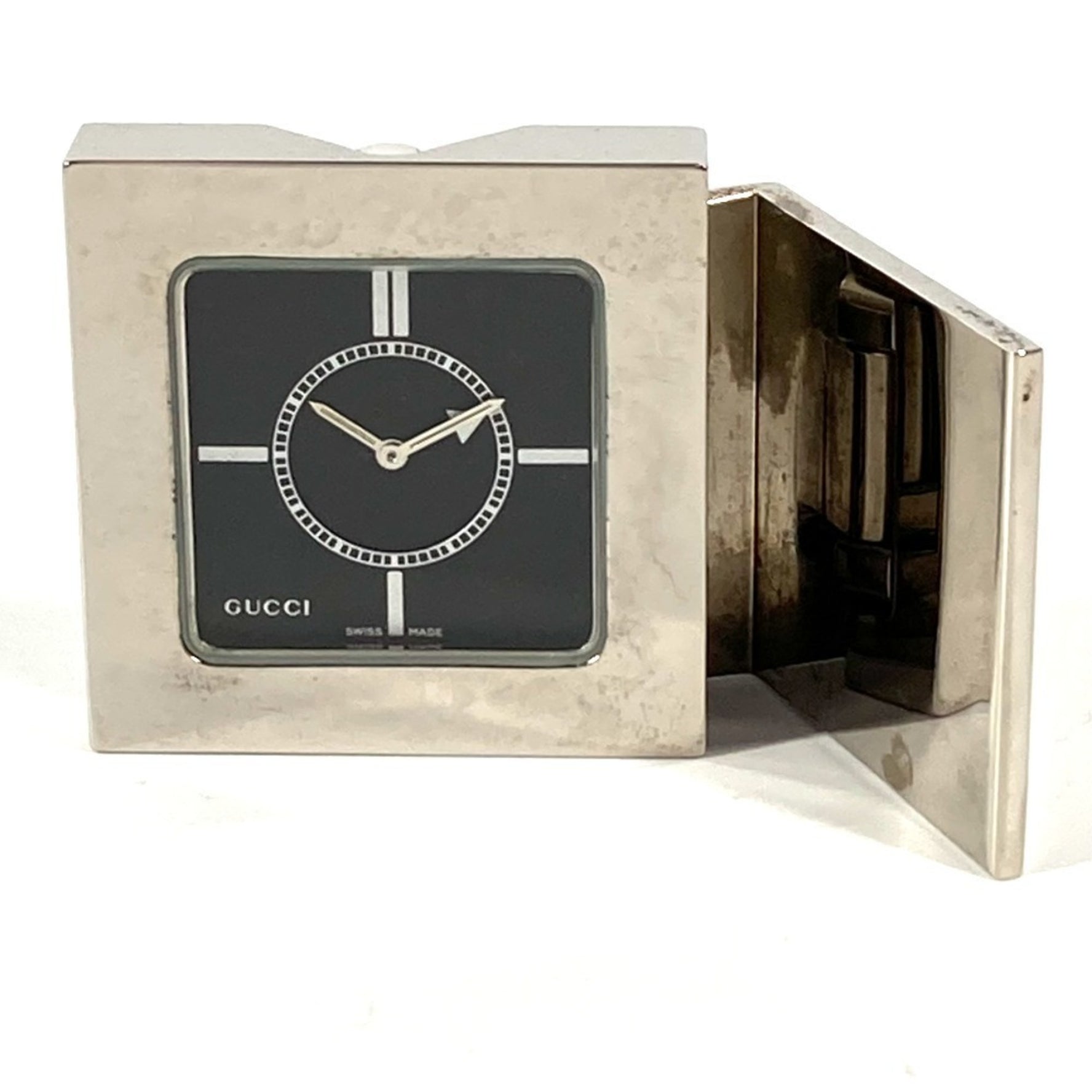 GUCCI Logo Travel Watch Interior Table Clock SS Men's Silver