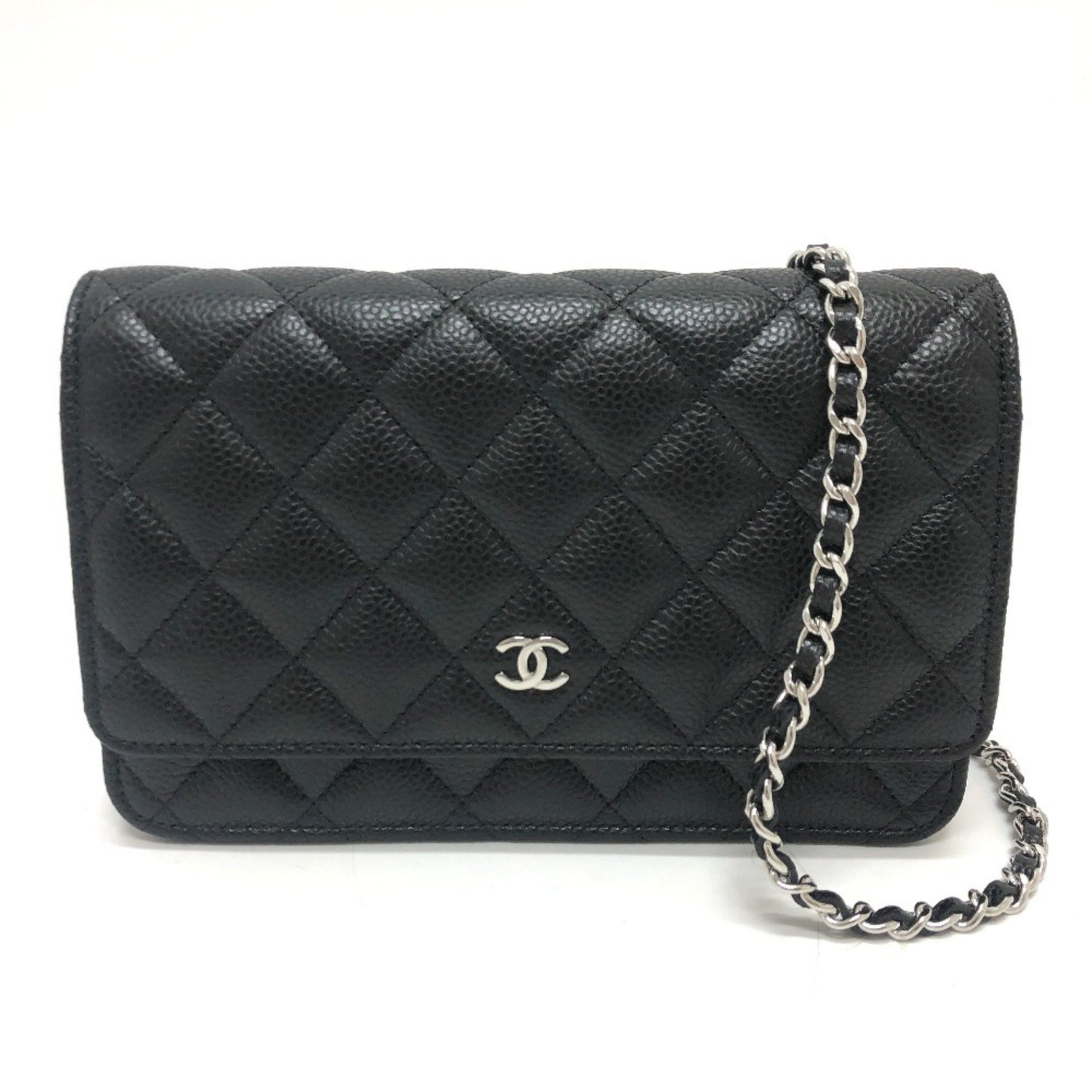CHANEL Coco Mark Matelasse Chain Wallet Shoulder Bag Caviar Skin Silver Hardware