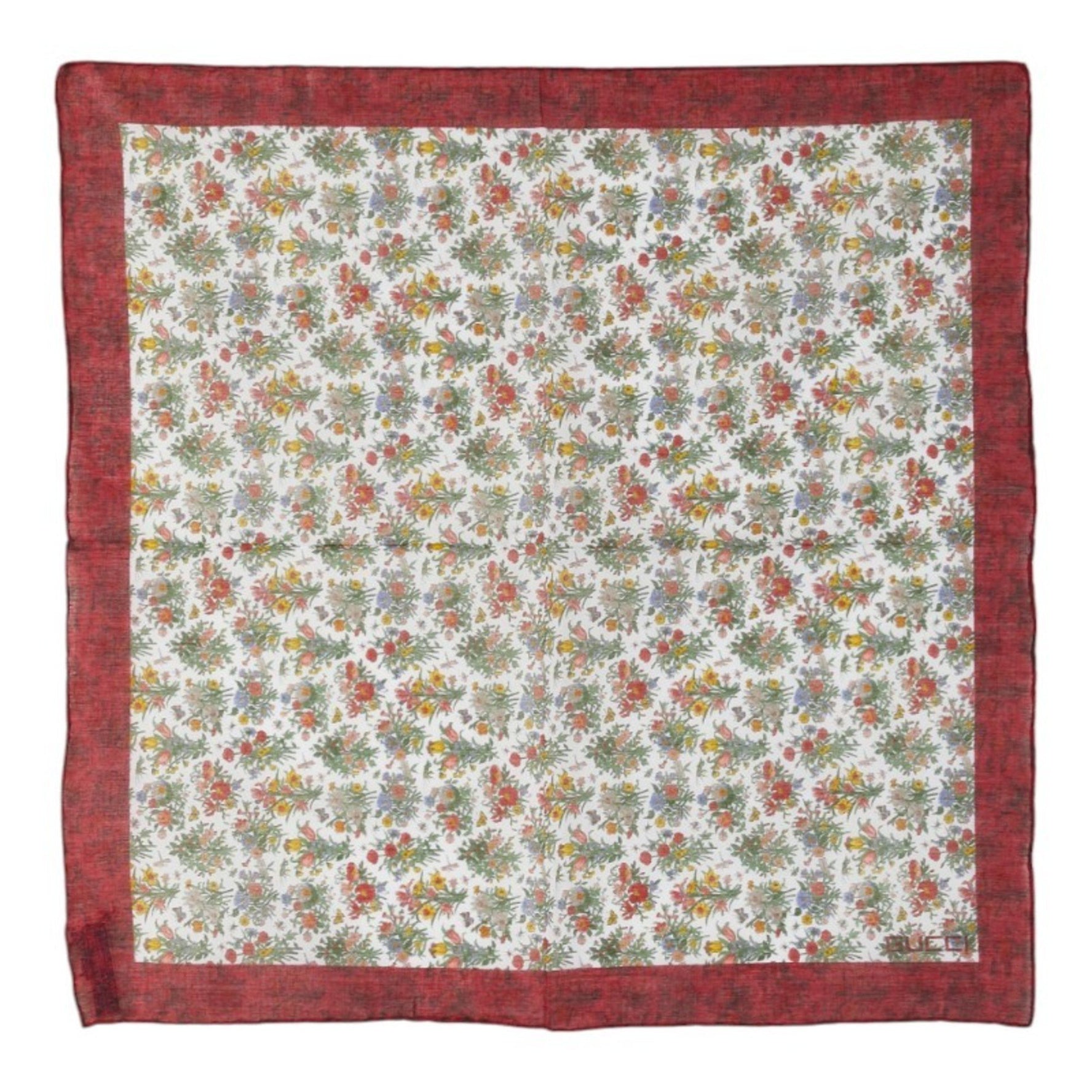 Gucci floral botanical print scarf/muffler/handkerchief in red and multicolored cotton .