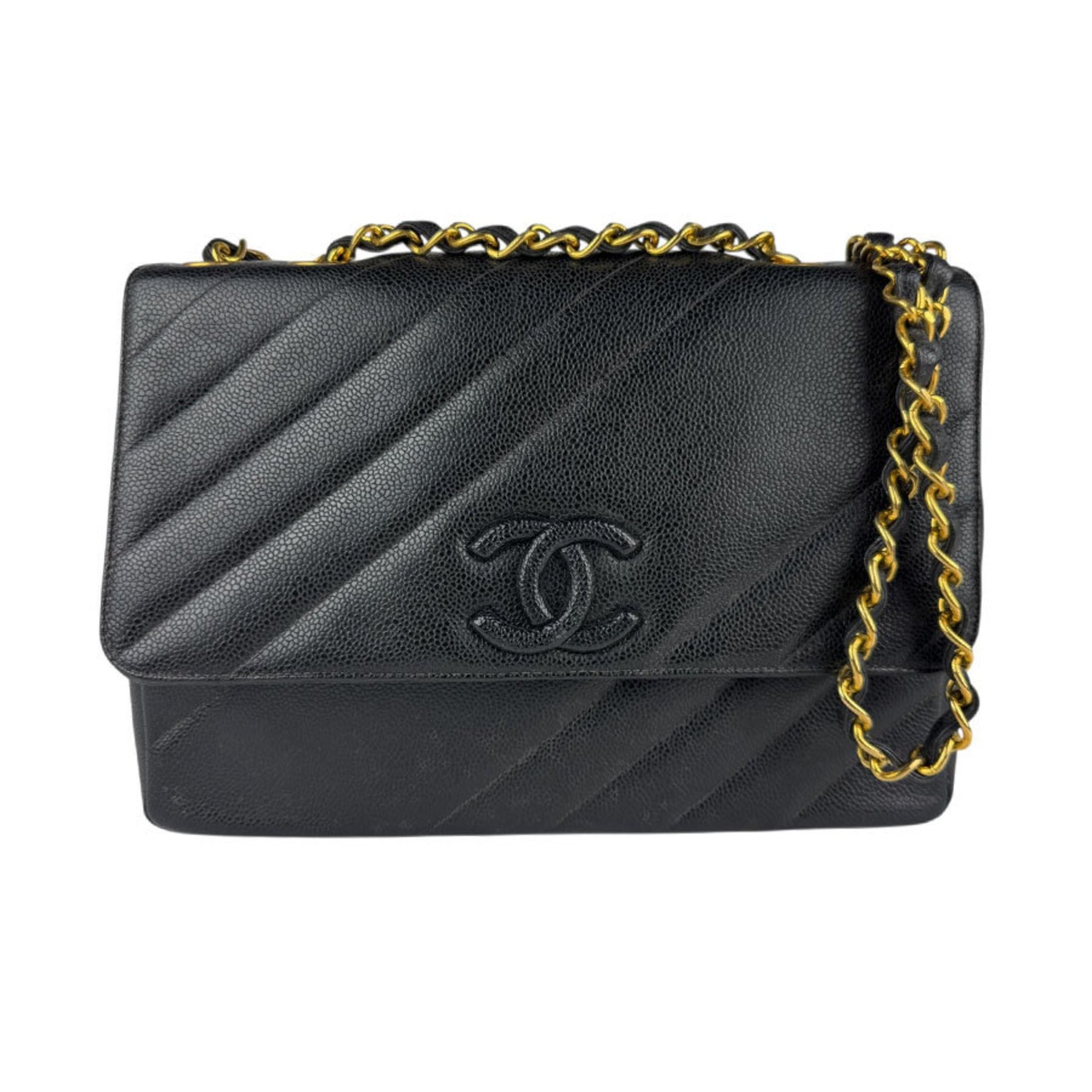 CHANEL Shoulder Bag Caviar Leather Metal Gold