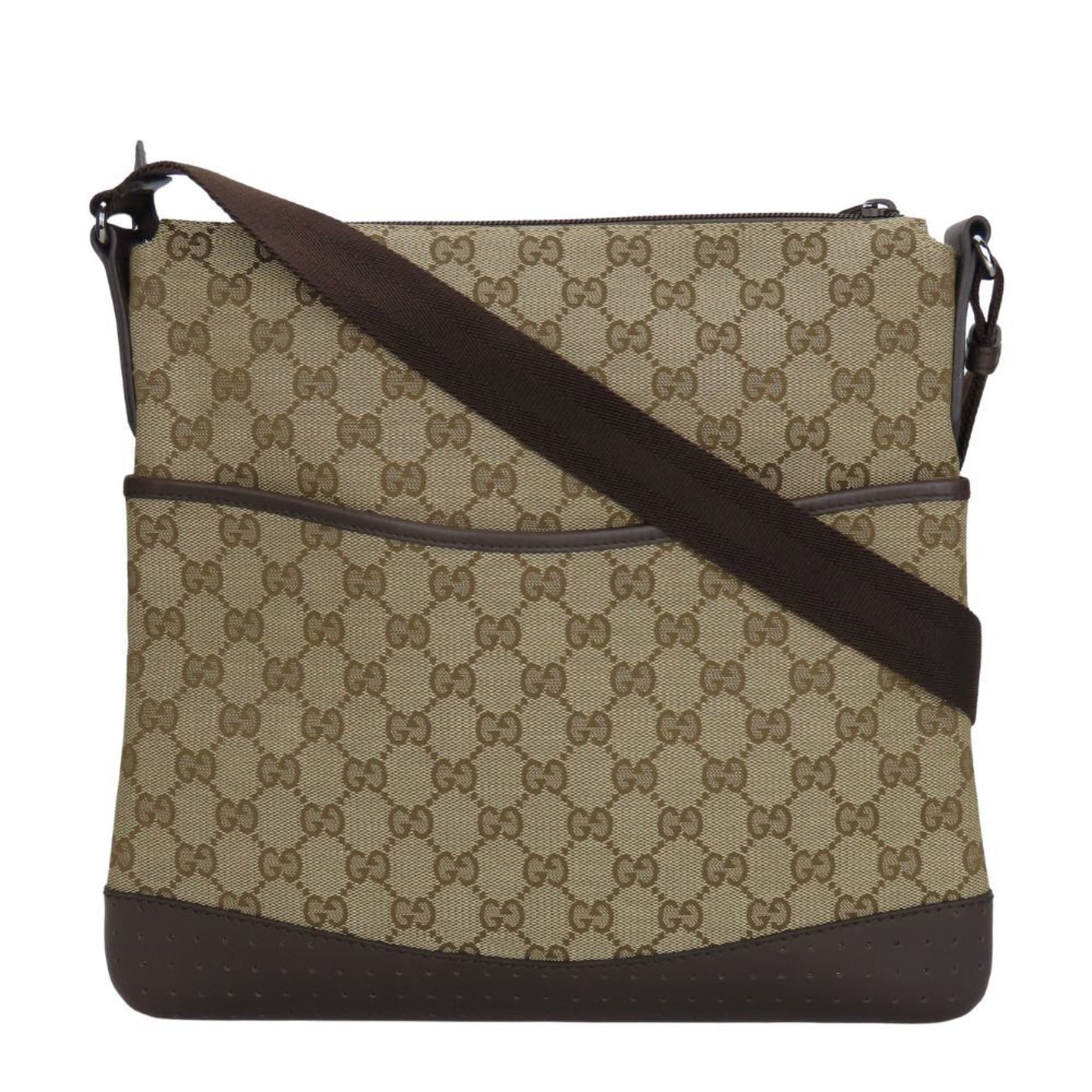 Gucci Shoulder Bag GG Canvas Leather Beige Dark Brown
