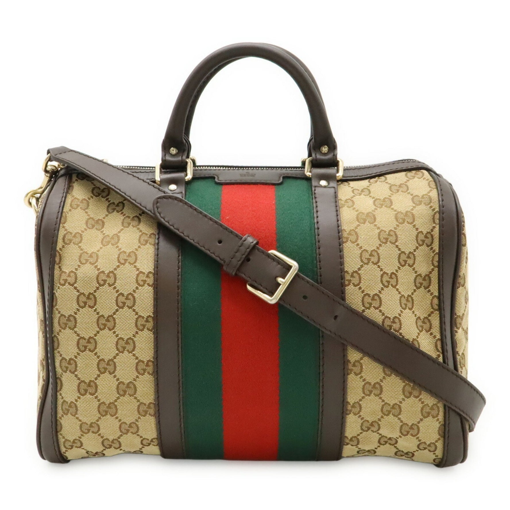 GUCCI GG Canvas Sherry Line Handbag/Shoulder Bag in Khaki Beige and Dark Brown Leather