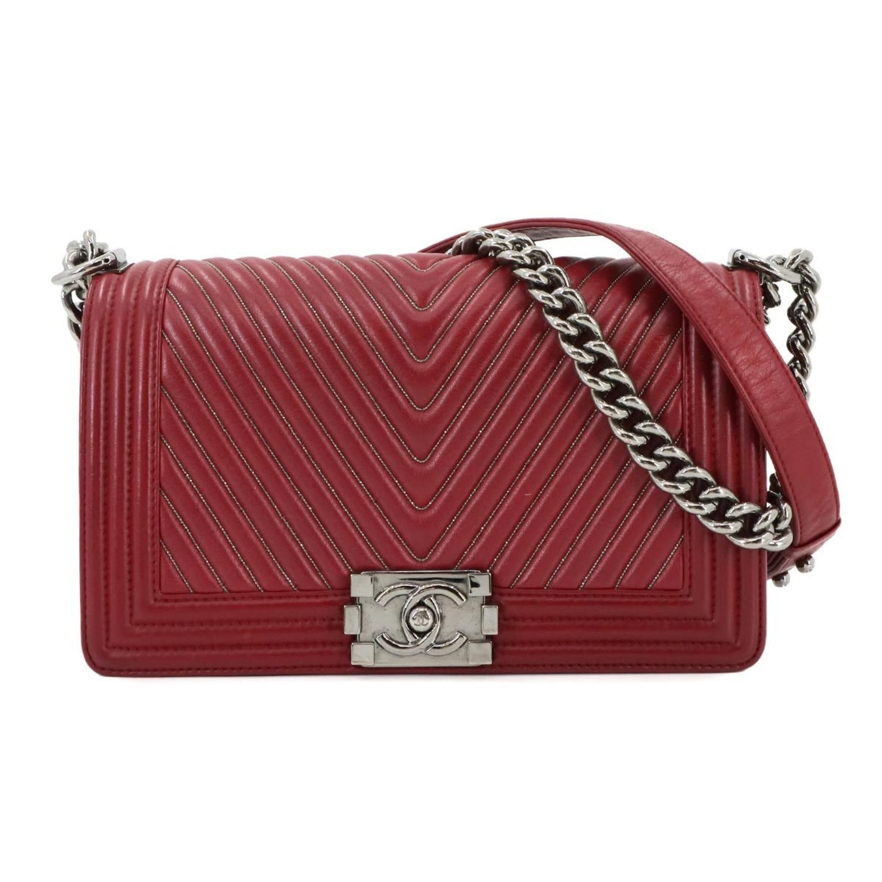 CHANEL Boy Chain Shoulder Bag Leather Red Chevron V Stitch Silver Metal Fittings