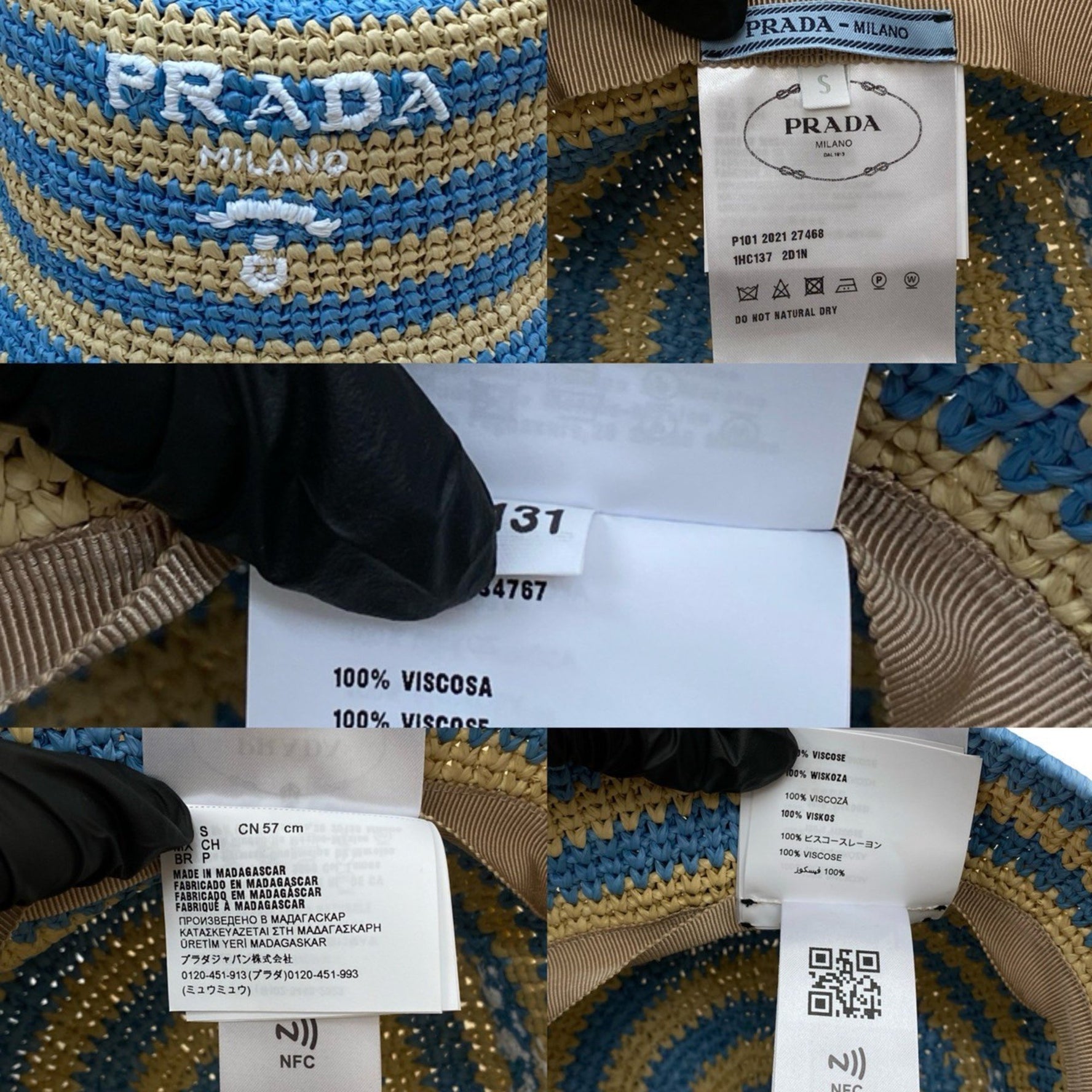 PRADA Logo Bucket Hat, Raffia, Size Small, Blue/Beige