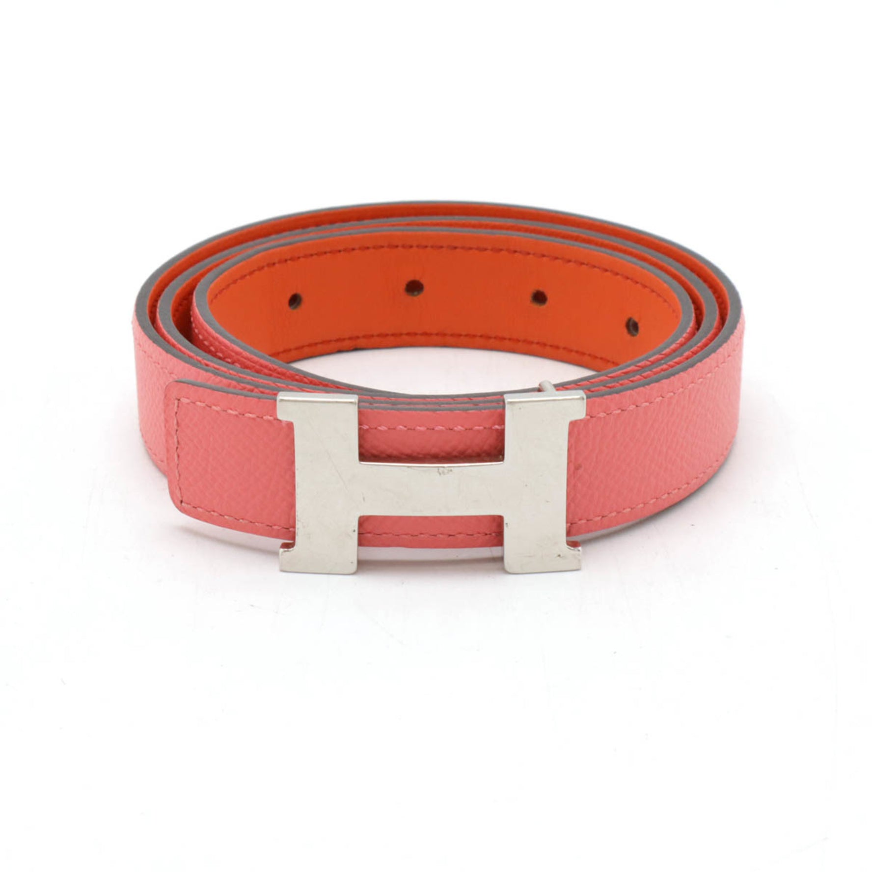 HERMES Mini Constance H Belt Reversible Leather Rose Azalee Pink Orange #80 A Stamp