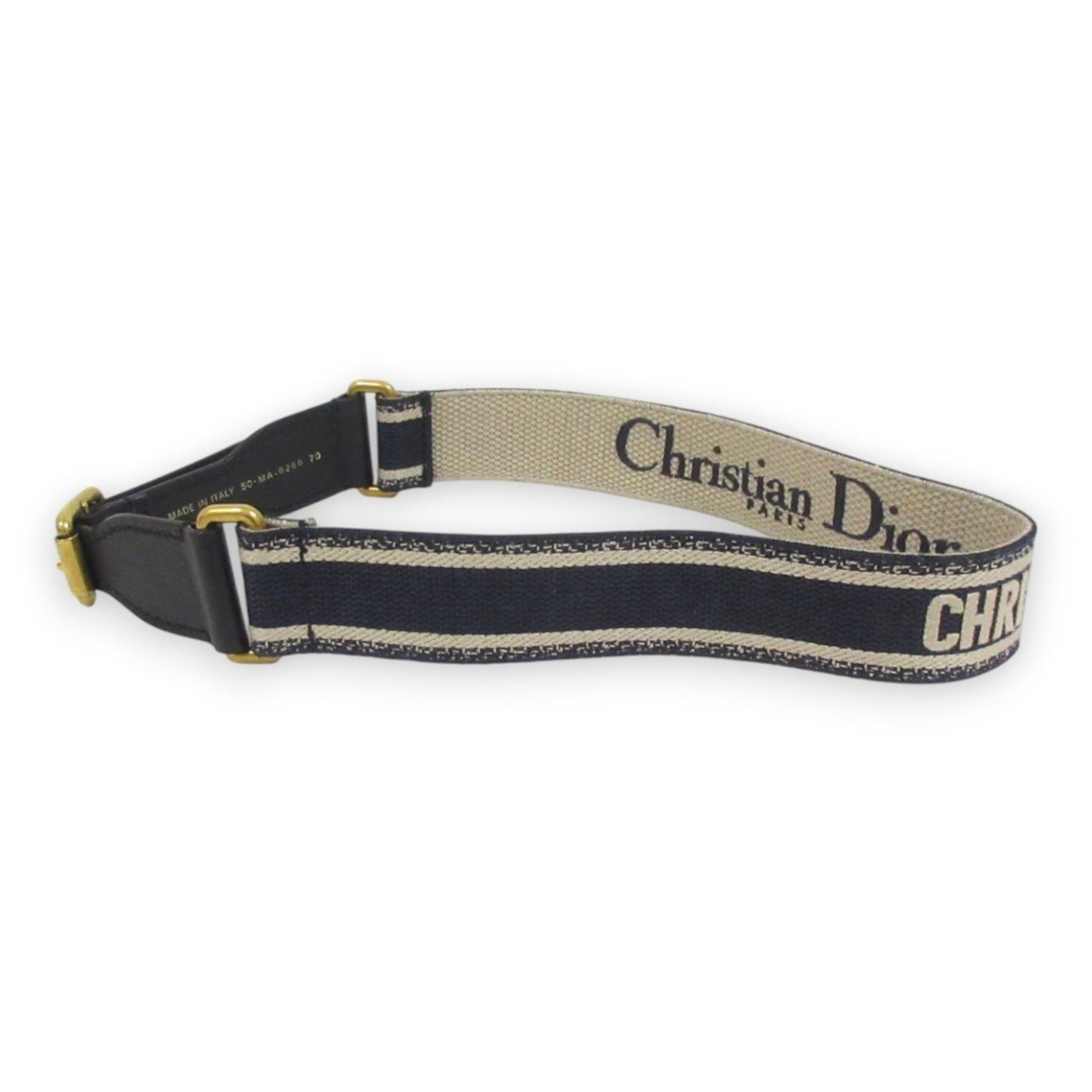 Christian Dior CD logo embroidered canvas leather belt size 70 navy x beige