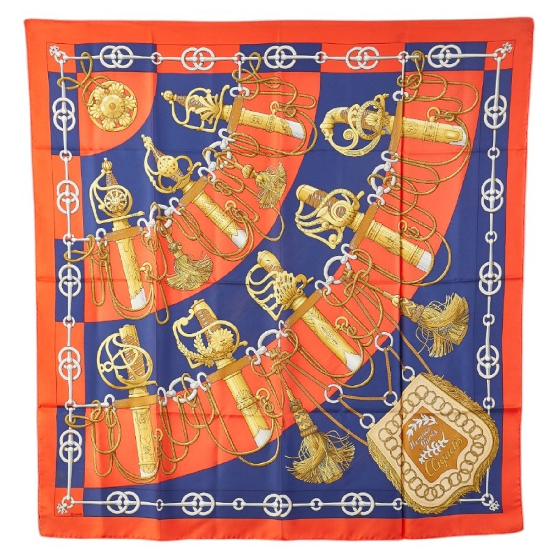 Hermes Carré 90 Cliquetis Kachikachi Sword Pattern Scarf Muffler Red Multicolor Silk