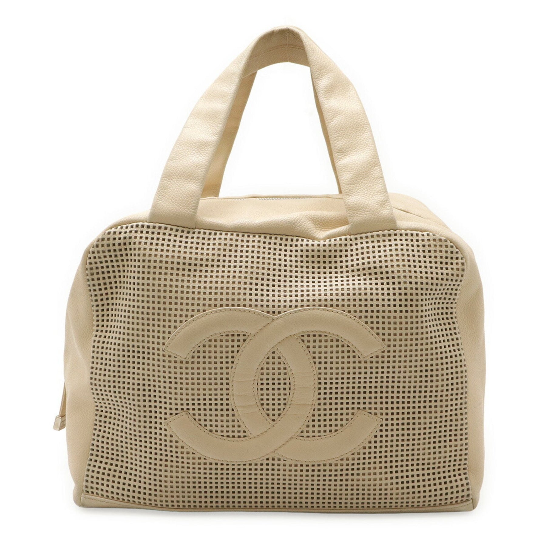 CHANEL Coco Mark Handbag Mini Boston Bag Perforated Mesh Leather Beige