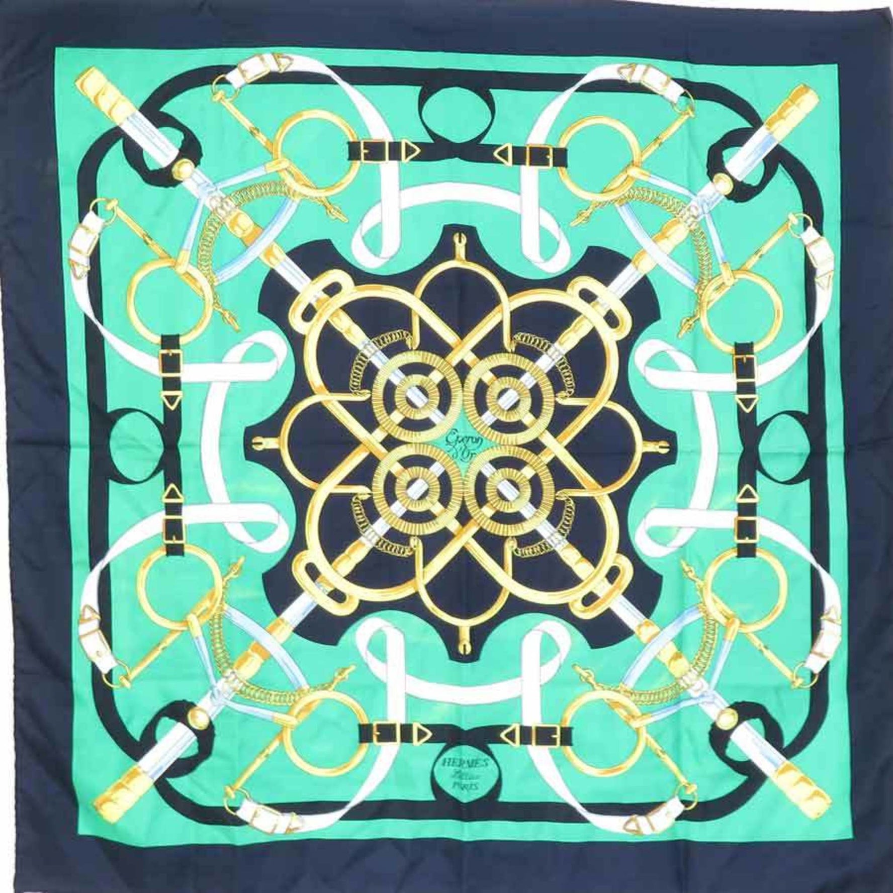 Hermes Scarf/Muffler Carre 90 Silk Navy Green Multicolor