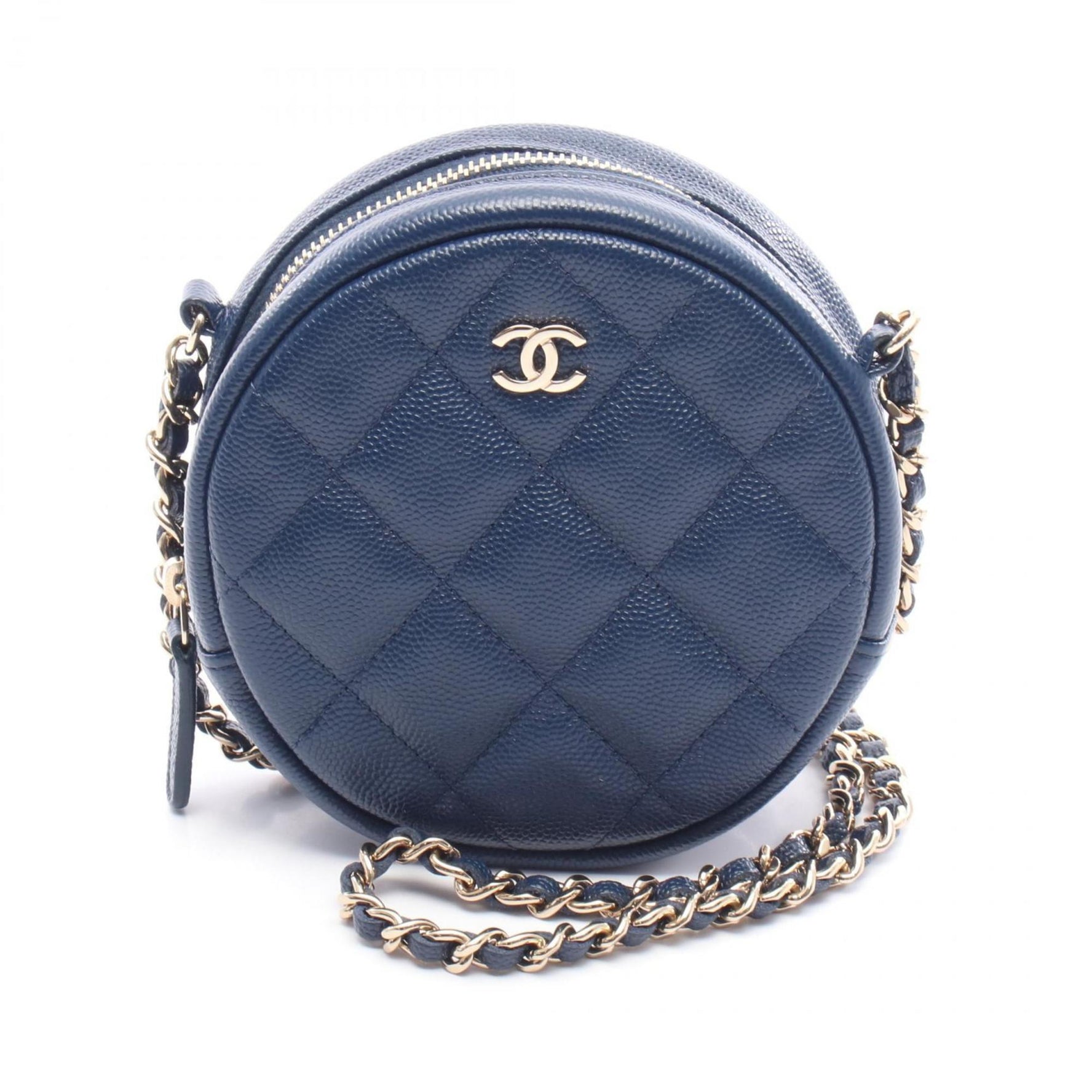 CHANEL Matelasse Round Mini Shoulder Bag in Grained Calfskin Leather, Blue
